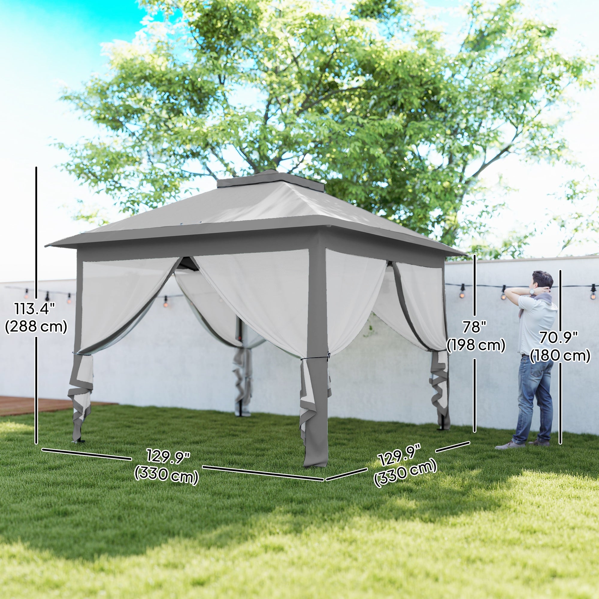 Outsunny 330cm x 330cm Pop Up Canopy, Double Roof Foldable Canopy Tent with Zipped Mesh Sidewalls, Height Adjustable and Carrying Bag, Event Tent for Patio Garden, Grey
