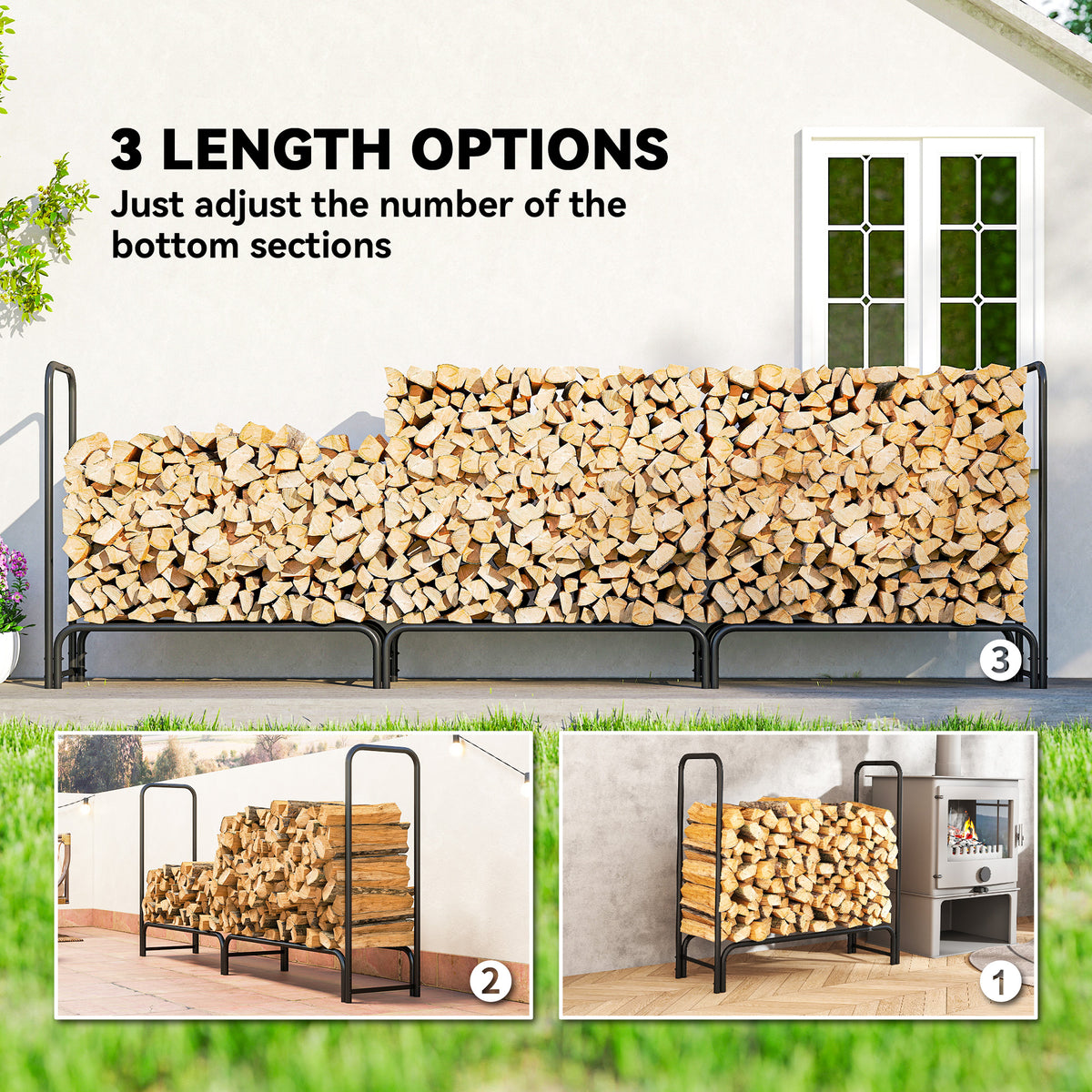 Outsunny Firewood Rack with Waterproof Cover, Heavy Duty Metal Log Store Indoors, Log Storage Holder for Outdoor Indoor Fireplace, 300 x 36 x 99 cm, Dark Green