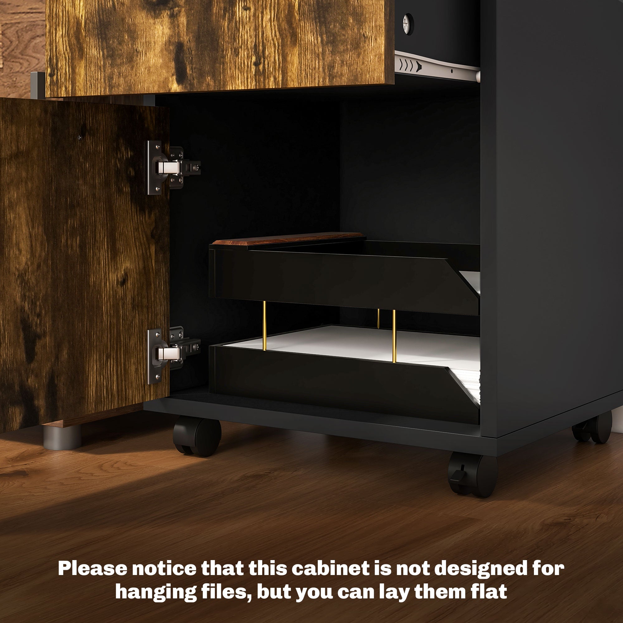 HOMCOM 60cm Filing Cabinet with Drawer, Open Shelf, Metal Handles and 4 Wheels, Office Home Organiser Mobile Printer, Rustic Brown - North Peak Garden Furniture
