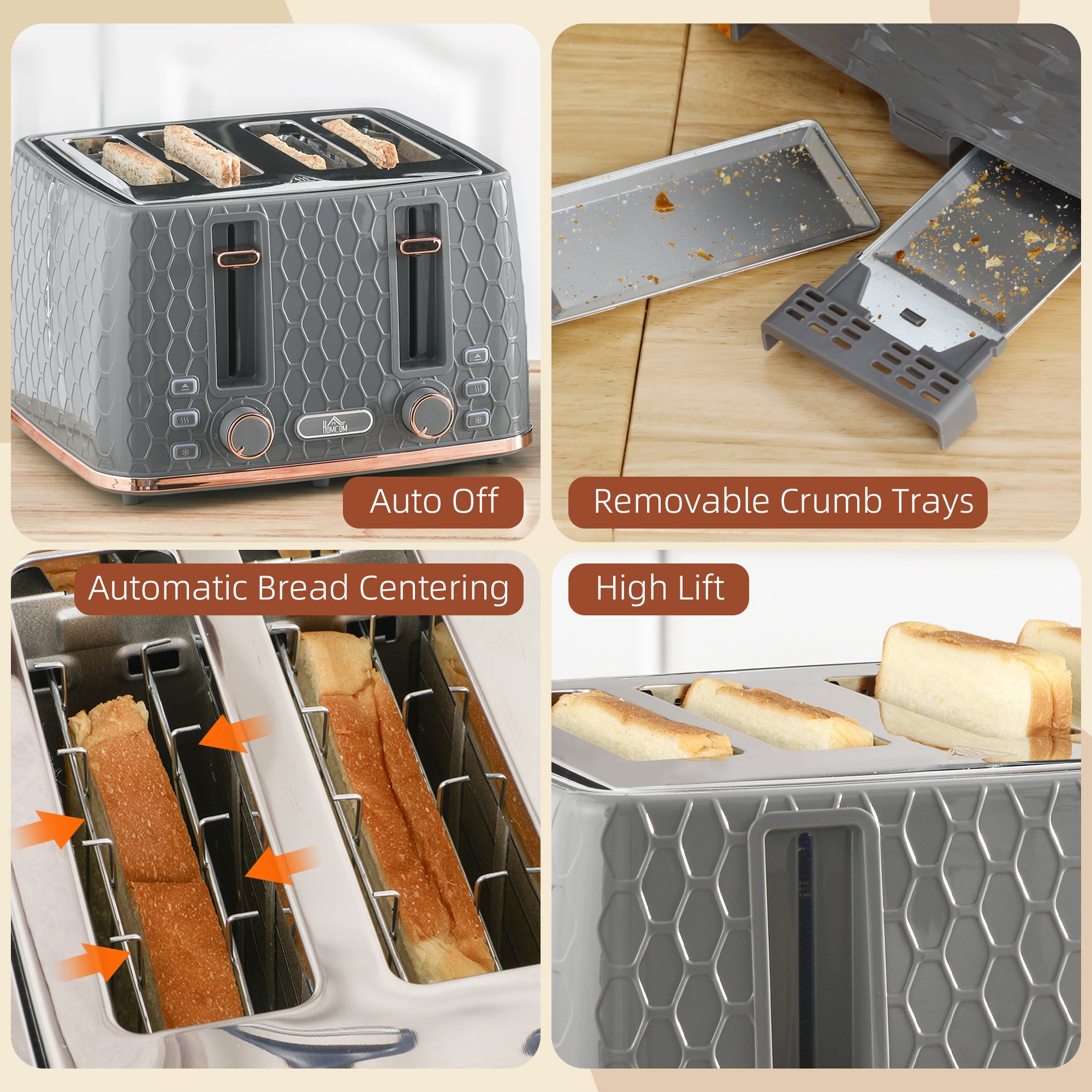 HOMCOM Four-Slice Honeycomb Toaster - Grey - North Peak Garden Furniture