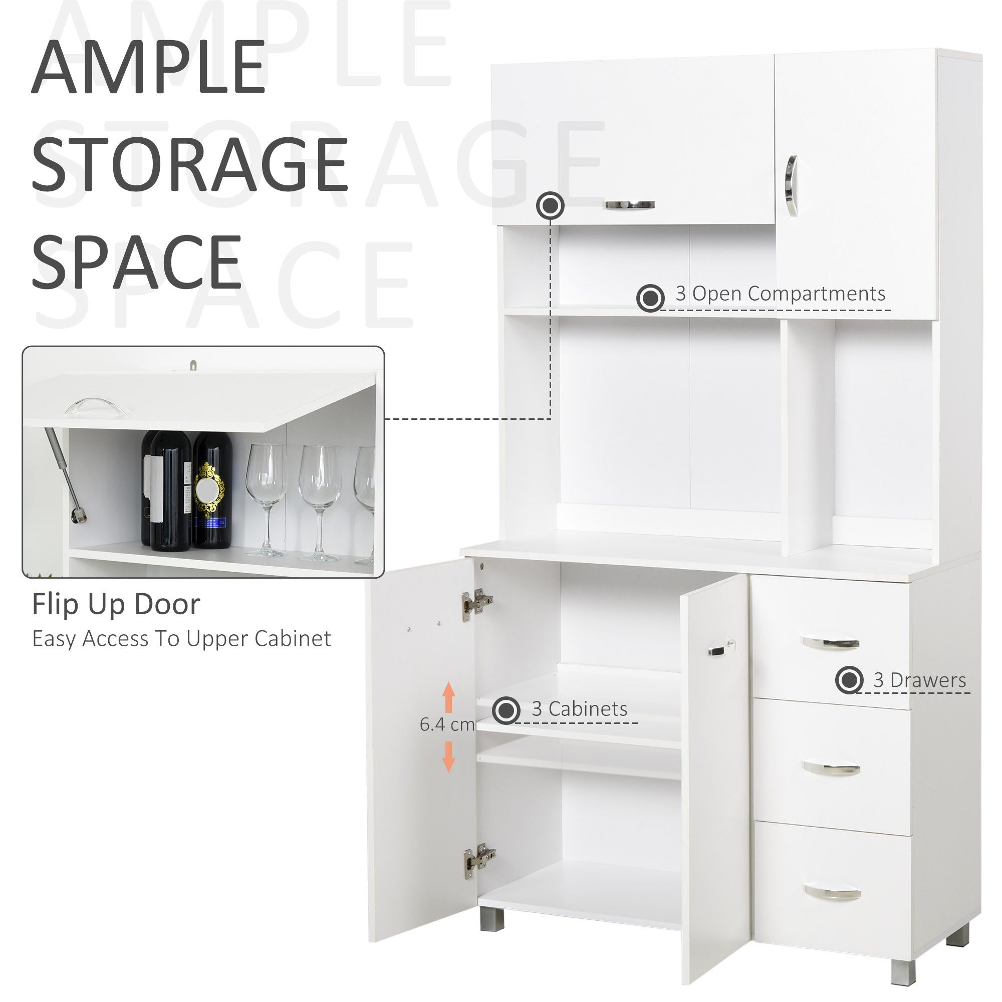 HOMCOM Freestanding Kitchen Cupboard, Storage Cabinet with Doors and Shelves, Drawers, Open Compartments for Microwave,White - North Peak Garden Furniture