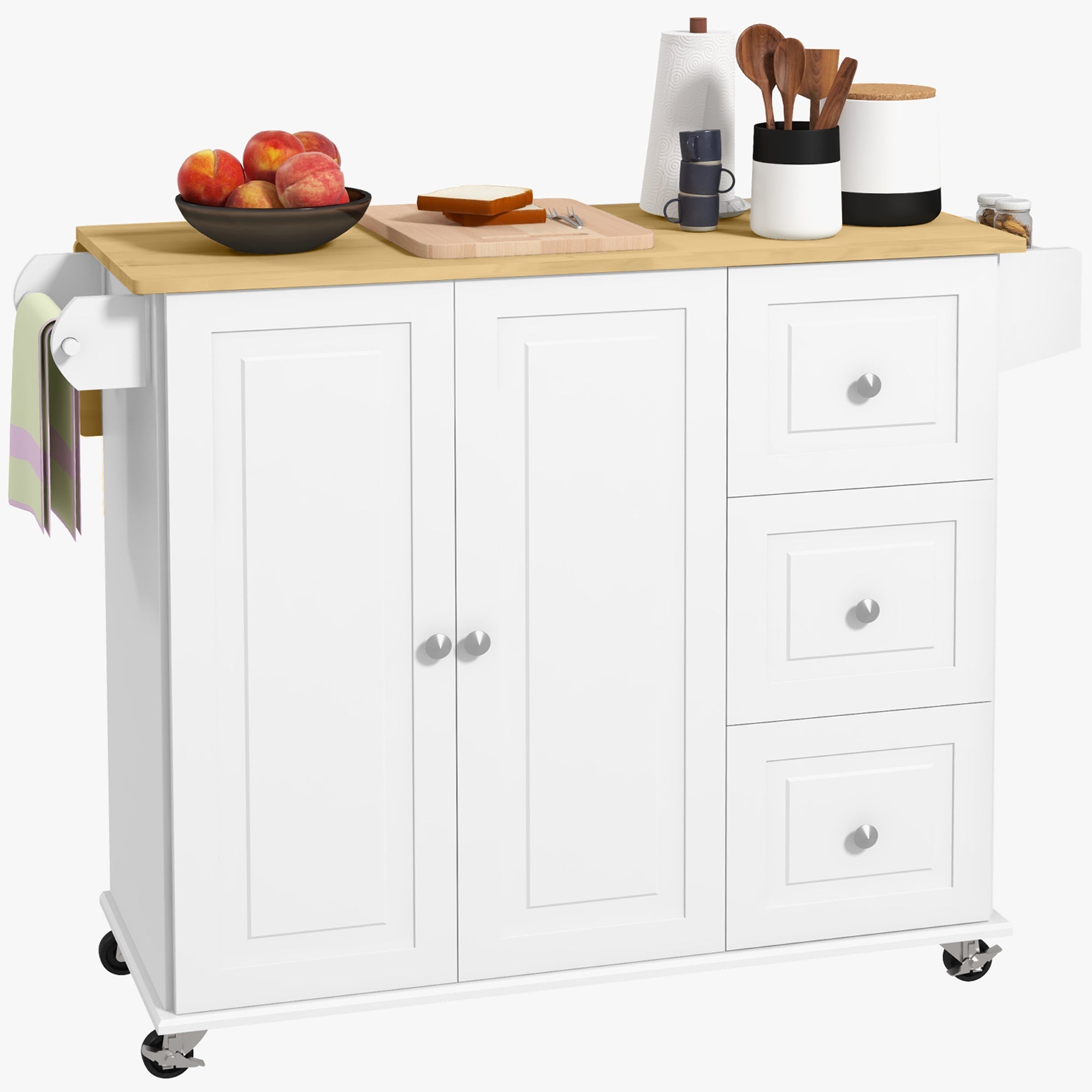 HOMCOM Kitchen Island with Drop Leaf, Rolling Kitchen Storage Trolley on Wheels with 3 Drawers, Spice Rack and Towel Rack, Storage Cart with Rubber Wood Top, White - North Peak Garden Furniture