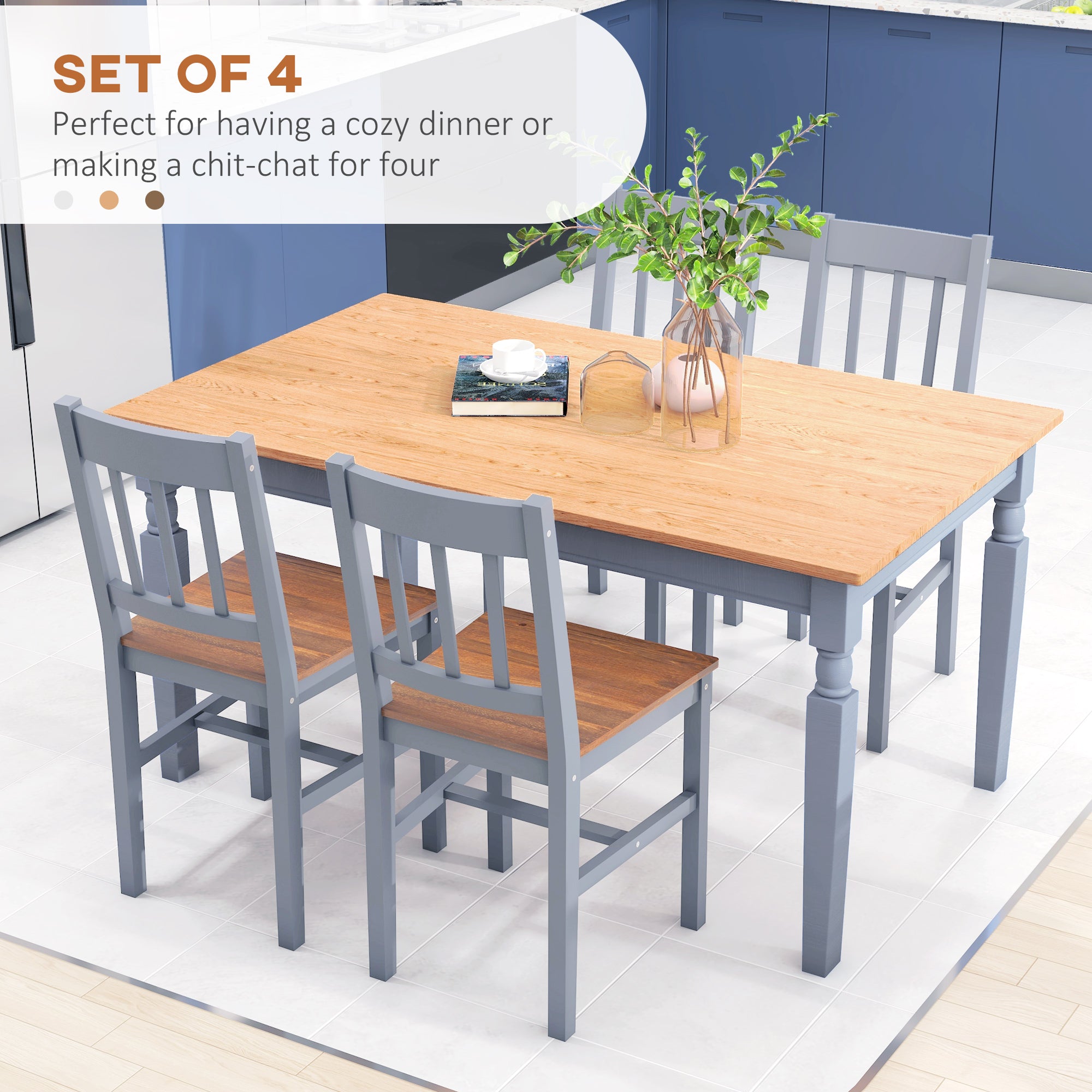 HOMCOM Dining Chairs Set of 4, Kitchen Chair with Slat Back, Pine Wood Structure for Living Room and Dining Room, Grey - North Peak Garden Furniture