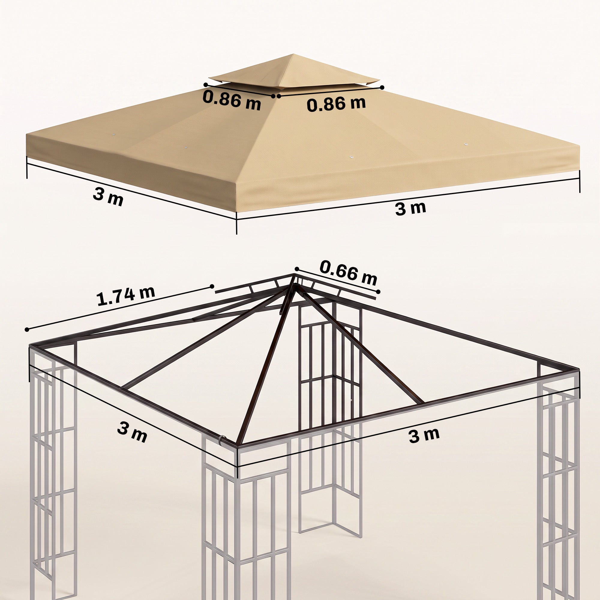Outsunny 3(m) Gazebo Top Cover Double Tier Canopy Replacement Pavilion Roof Deep Beige