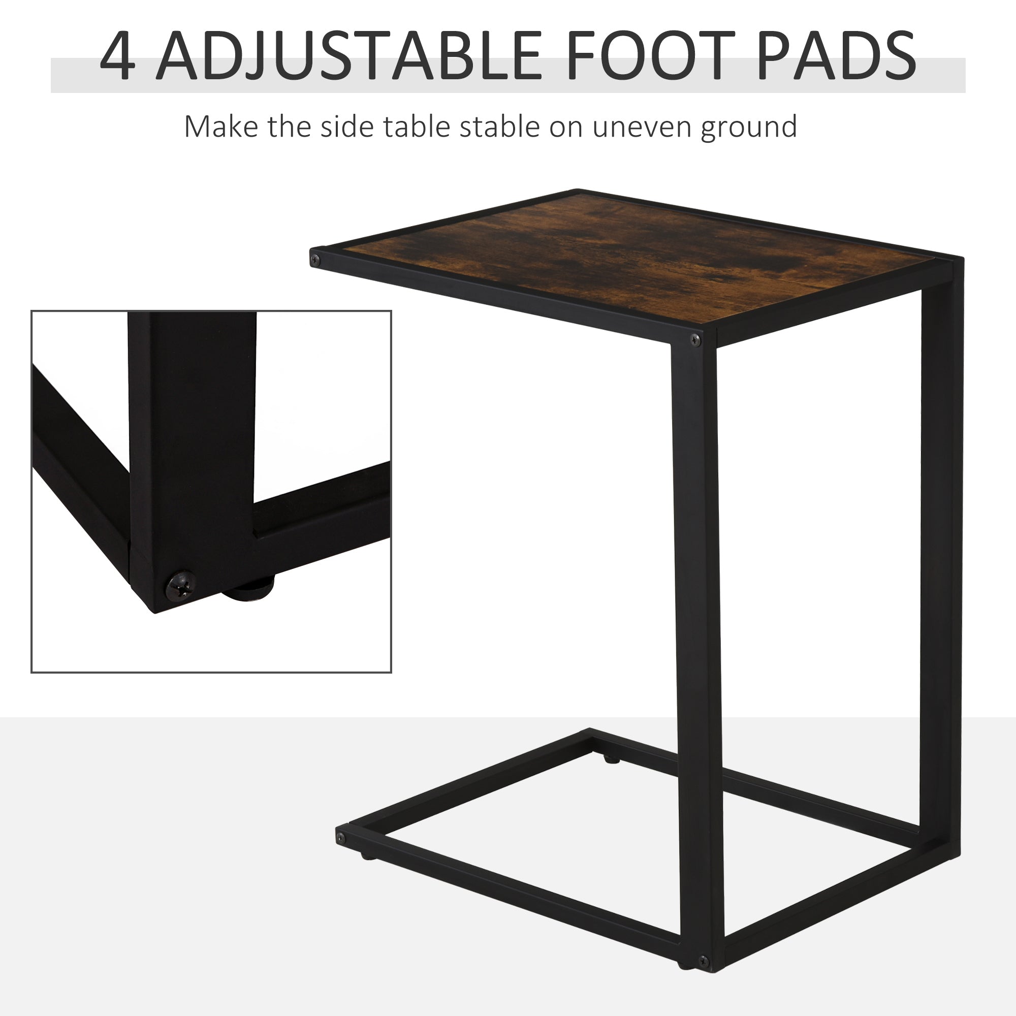 HOMCOM C-Shaped Side Table, Sofa End Table with Metal Frame, Accent Couch Table for Living room, Bedroom, Brown and Black - North Peak Garden Furniture