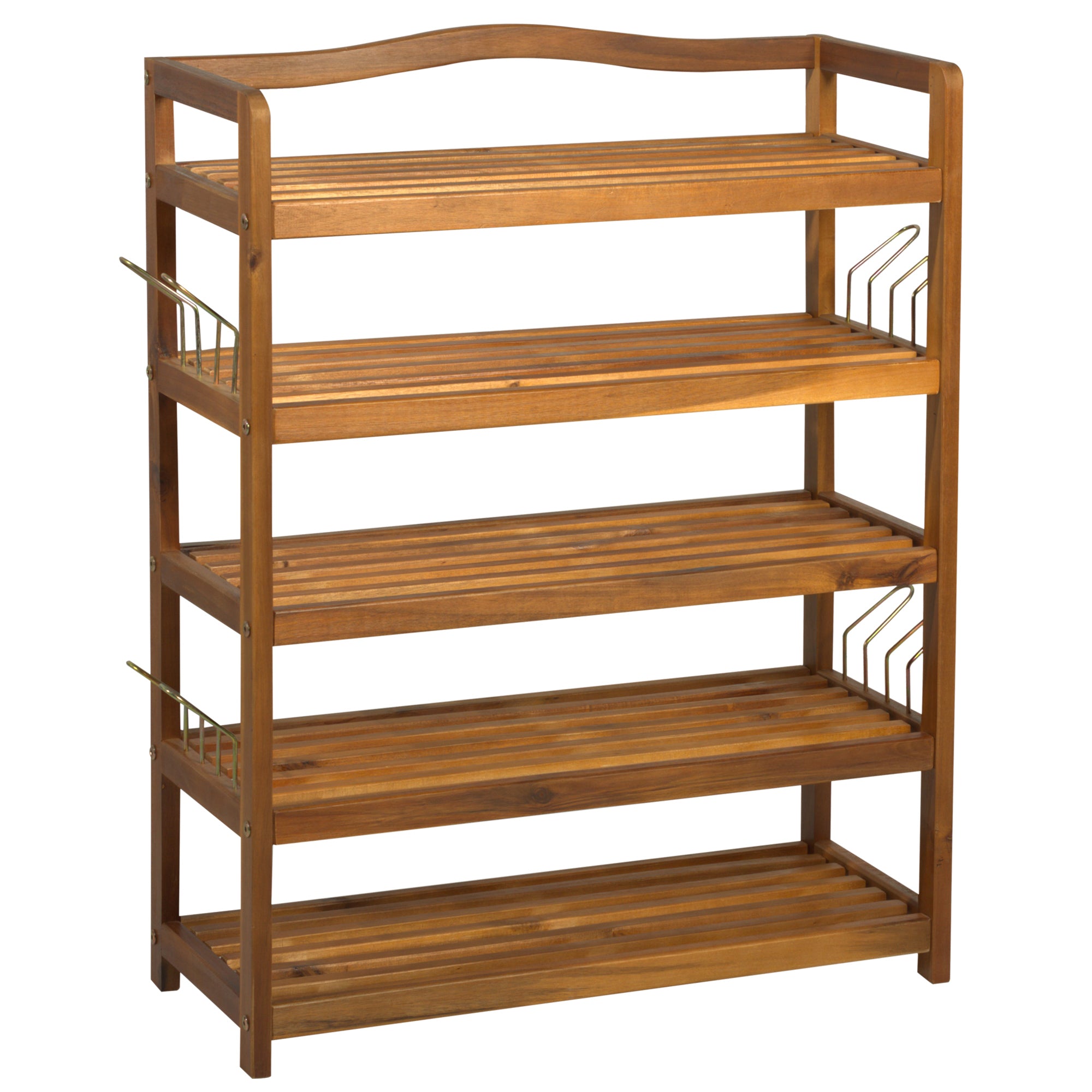 HOMCOM 5-Tier Shoe Rack, Acacia Wooden Shoe Storage Organiser with Hangers, Holds up to 24 Pairs, for Entryway, Living Room, 64 x 26 x 82 cm, Teak - North Peak Garden Furniture