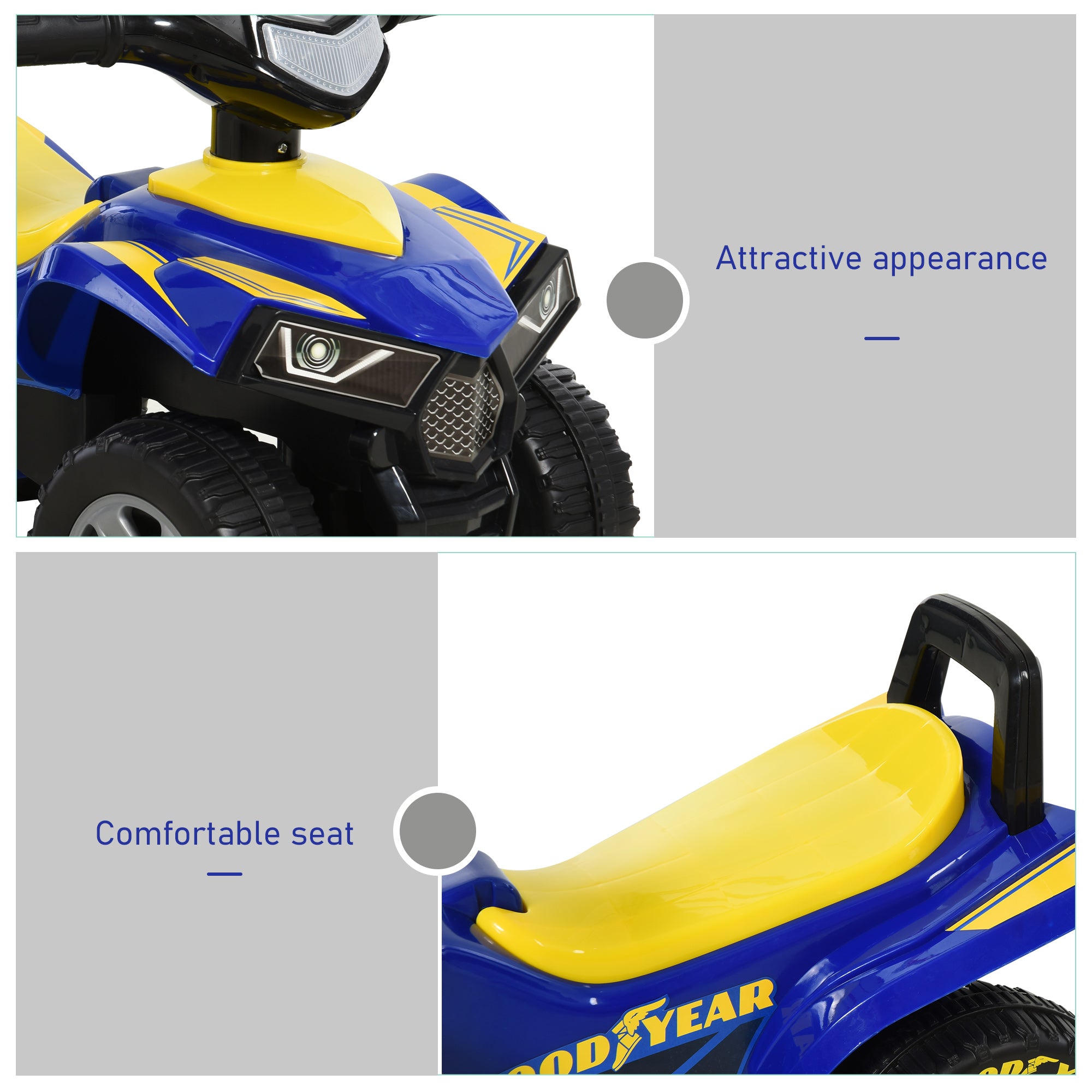 HOMCOM Baby Quad Bike Kids Ride On Car Goodyear Licensed Walker Foot To Floor Slider NO POWER w/ Lights Horn Storage Blue for 18-36 Months - North Peak Garden Furniture