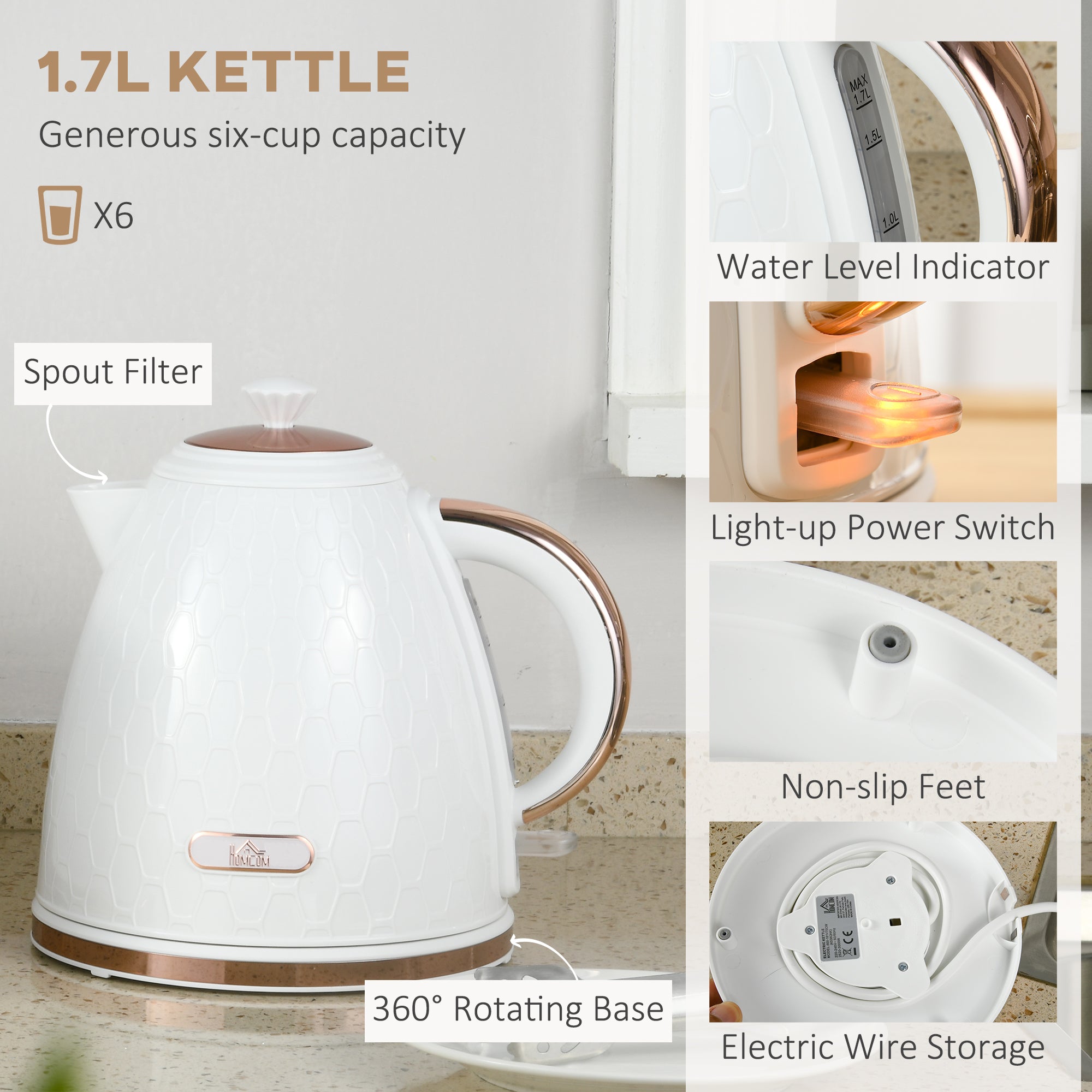 HOMCOM 1.7L 3000W Fast Boil Kettle & 4 Slice Toaster Set, Kettle and Toaster Set with 7 Browning Controls, Crumb Tray, White - North Peak Garden Furniture