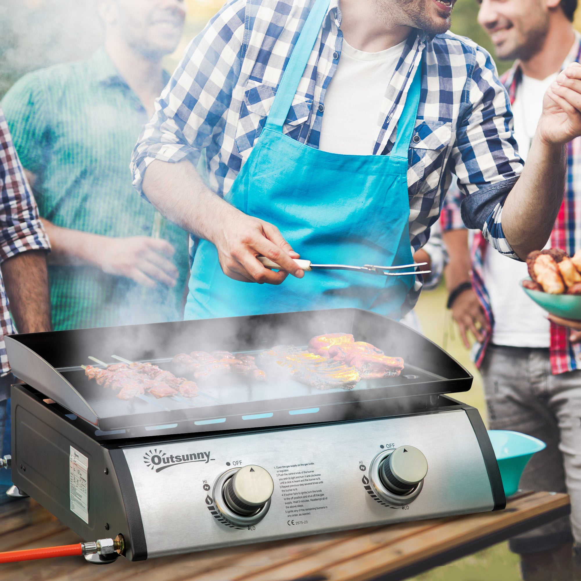 Outsunny Gas Plancha Grill with 2 Stainless Steel Burner, 6kW, Portable Tabletop Gas BBQ with Non-Stick Griddle for Camping Picnic Garden Party Festival - North Peak Garden Furniture