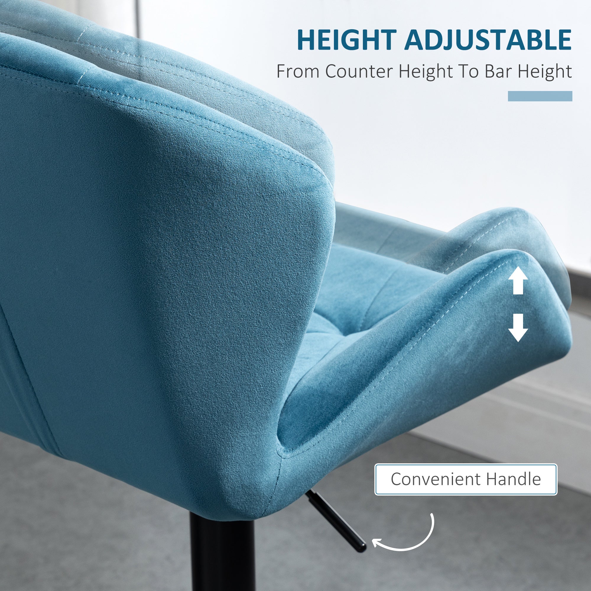 HOMCOM Bar Stools Set Of 2, Luxurious Velvet-Touch Barstools with Metal Frame Footrest Round Base Triangle Indenting Moulded Seat Adjustable Height Swivel Blue - North Peak Garden Furniture