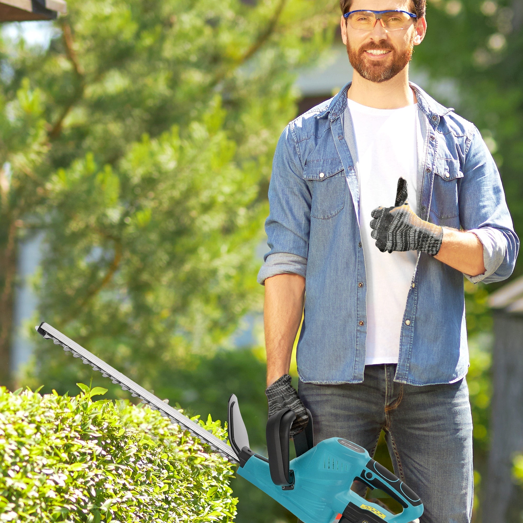 Outsunny Cordless Hedge Trimmer, Electric Hedge Cutter with 51cm Blade, Brushless Motor and 2 Batteries for Branches, Shrubs, Twigs, Blue - North Peak Garden Furniture