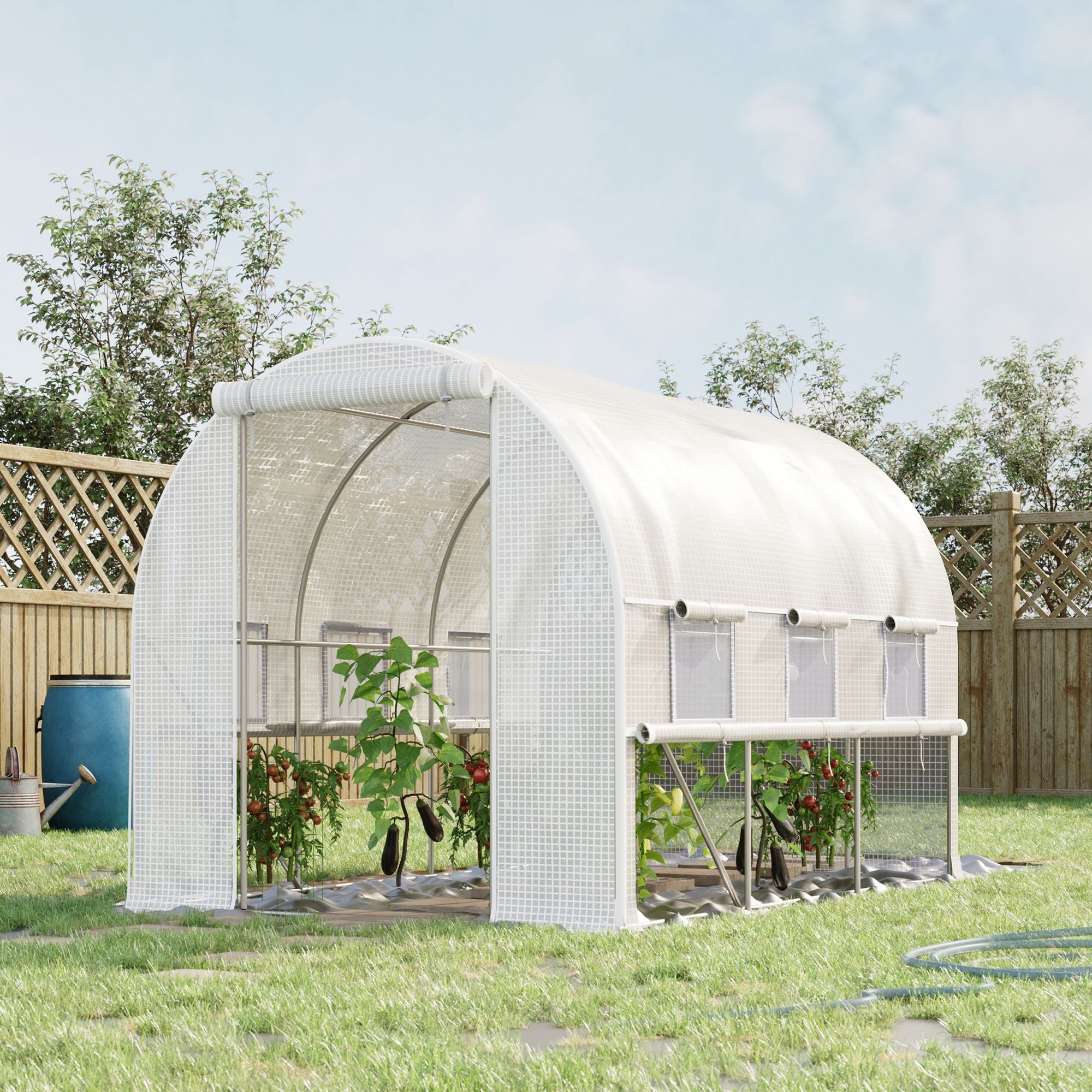 Outsunny Walk-in Polytunnel Greenhouse Green House with Roll-up Sidewalls, UV-resistant PE Cover, 3 x 2 x 2m, White - North Peak Garden Furniture