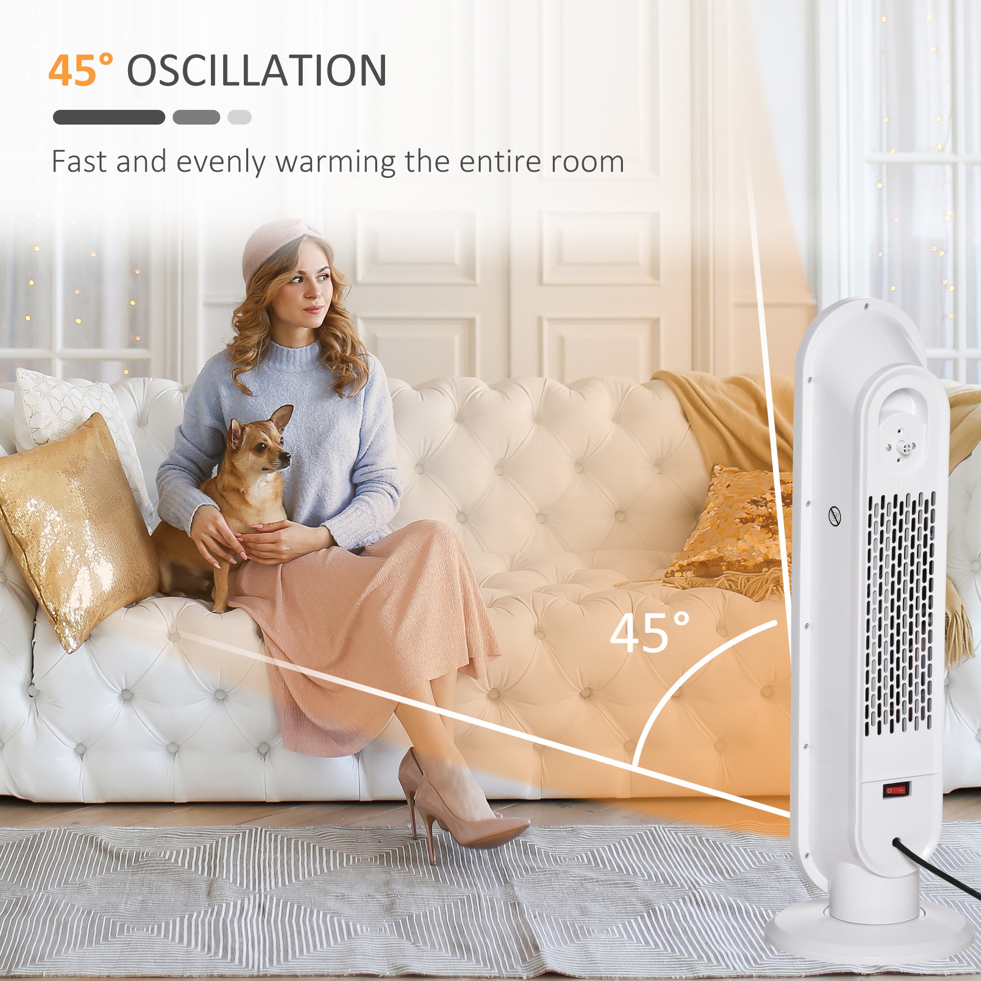 HOMCOM Ceramic Space Heater, Indoor Tower Heater with 2 Heat, Oscillation, Remote Control, Timer, Tip-Over & Overheating Protection, 1200W/2000W, White - North Peak Garden Furniture