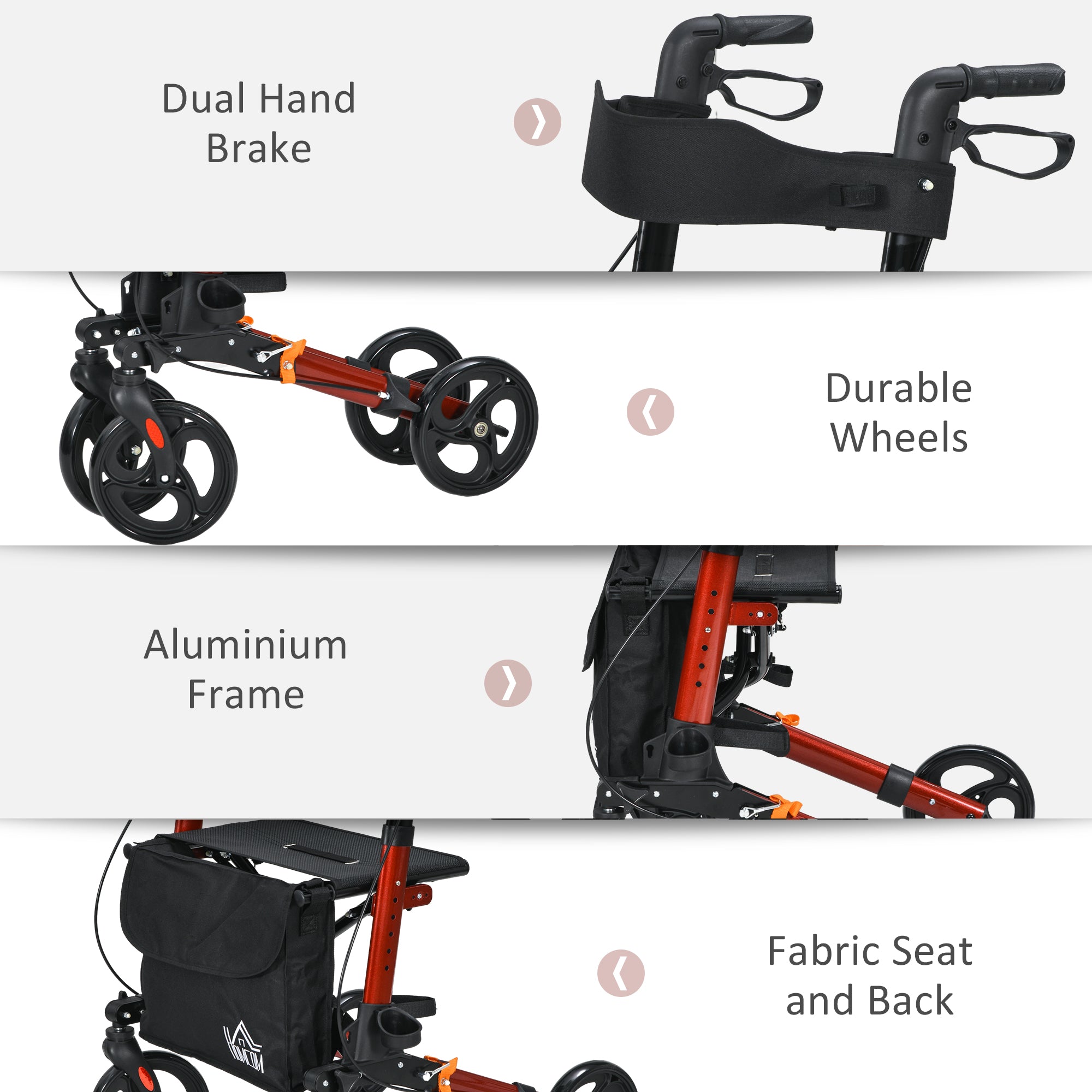 HOMCOM 4 Wheel Rollator with Seat and Back, Folding Mobility Walker with Carry Bag, Adjustable Height, Dual Brakes, Cane Holder, Lightweight Aluminium Walking Frame for Seniors and Disabled, Red - North Peak Garden Furniture