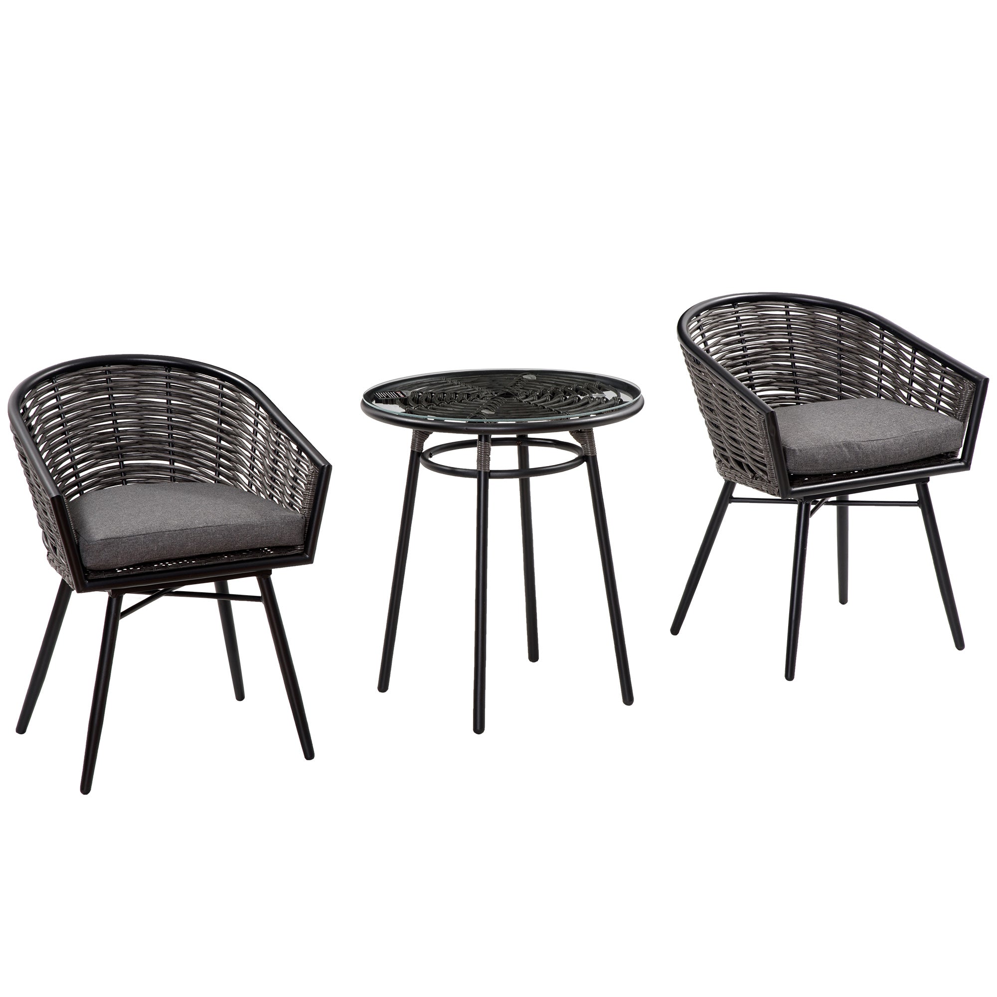 Outsunny 3 Pieces Rattan Bistro Set, Wicker Garden Furniture Set with Round Glass Top Coffee Table and Chairs, Washable Cushions for Outdoor, Patio, Balcony, Grey - North Peak Garden Furniture