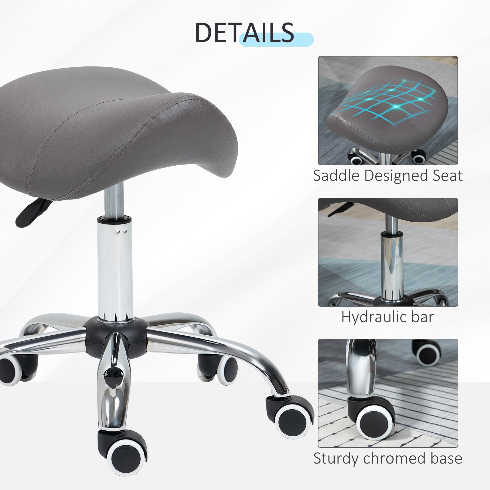 HOMCOM Cosmetic Stool 360° Rotate Height Adjustable Salon Massage Spa Chair Hydraulic Rolling Faux Leather Saddle Stool, Grey