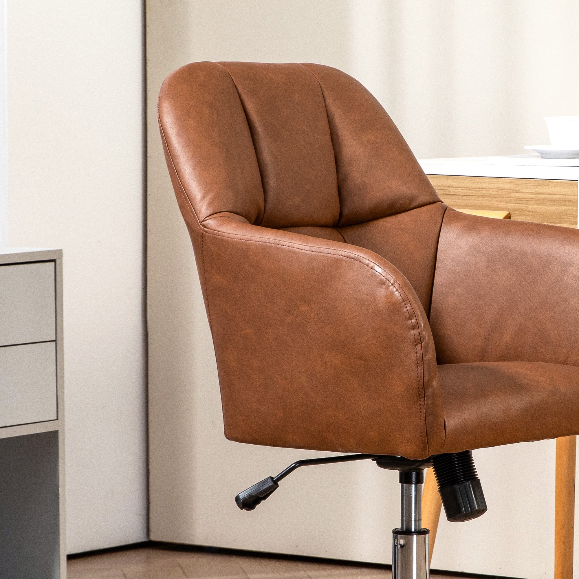 HOMCOM Faux Leather Tub Office Chair, with Wheels - Brown - North Peak Garden Furniture