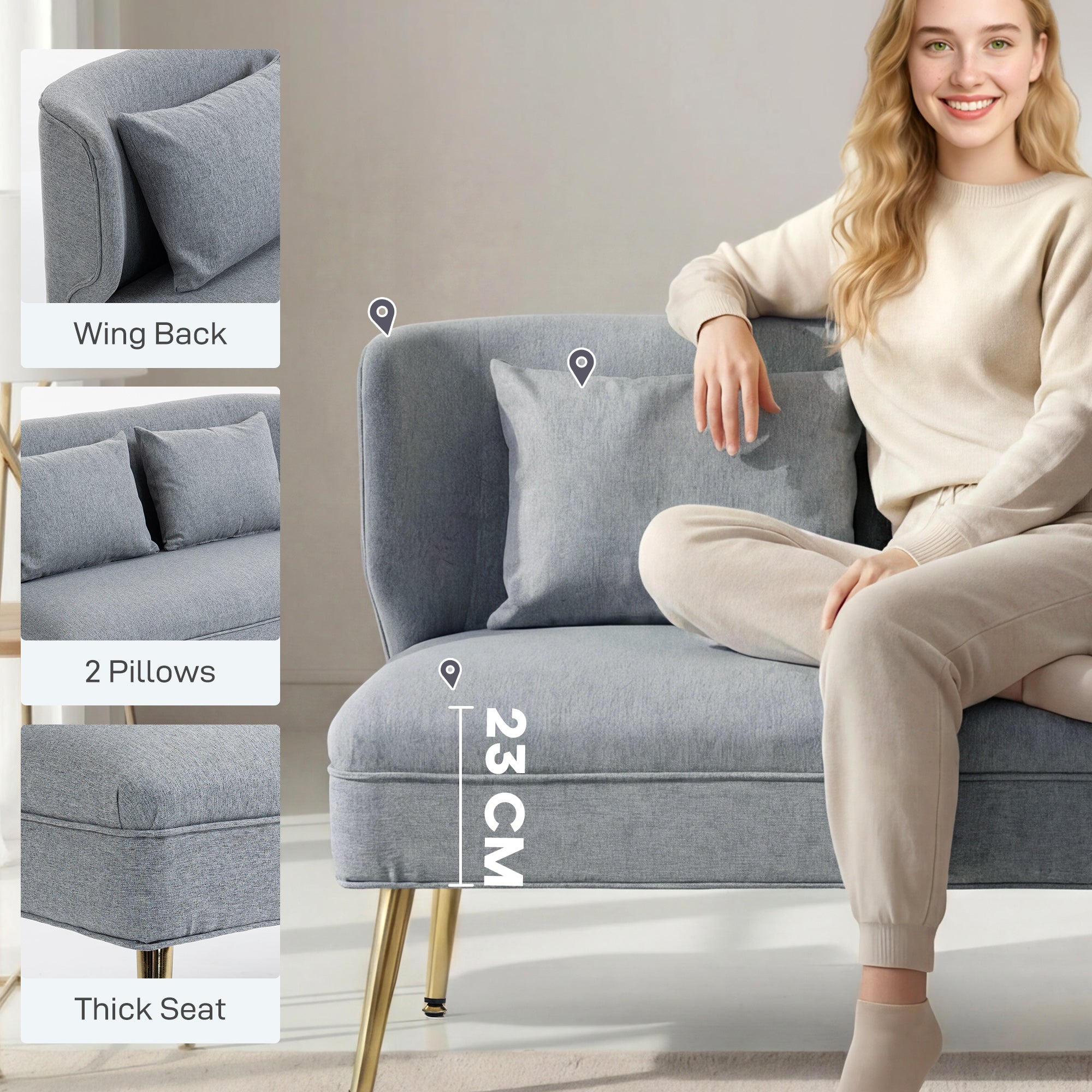 HOMCOM 2 Seater Sofa, Linen-look Fabric Small Sofa with Wing Back, Thick Seat, Metal Legs, Light Grey