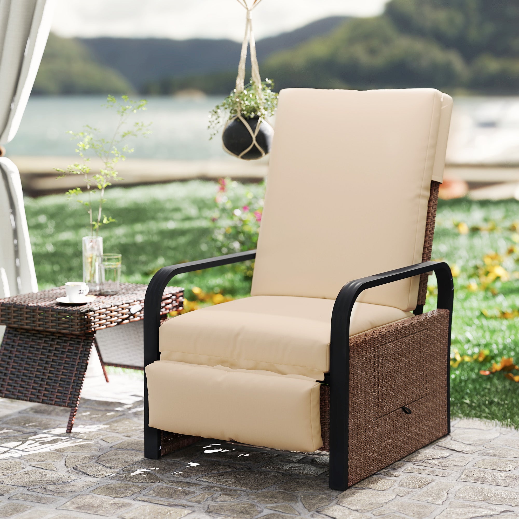 Outsunny 140° Reclining Rattan Armchair - Brown/Khaki - North Peak Garden Furniture