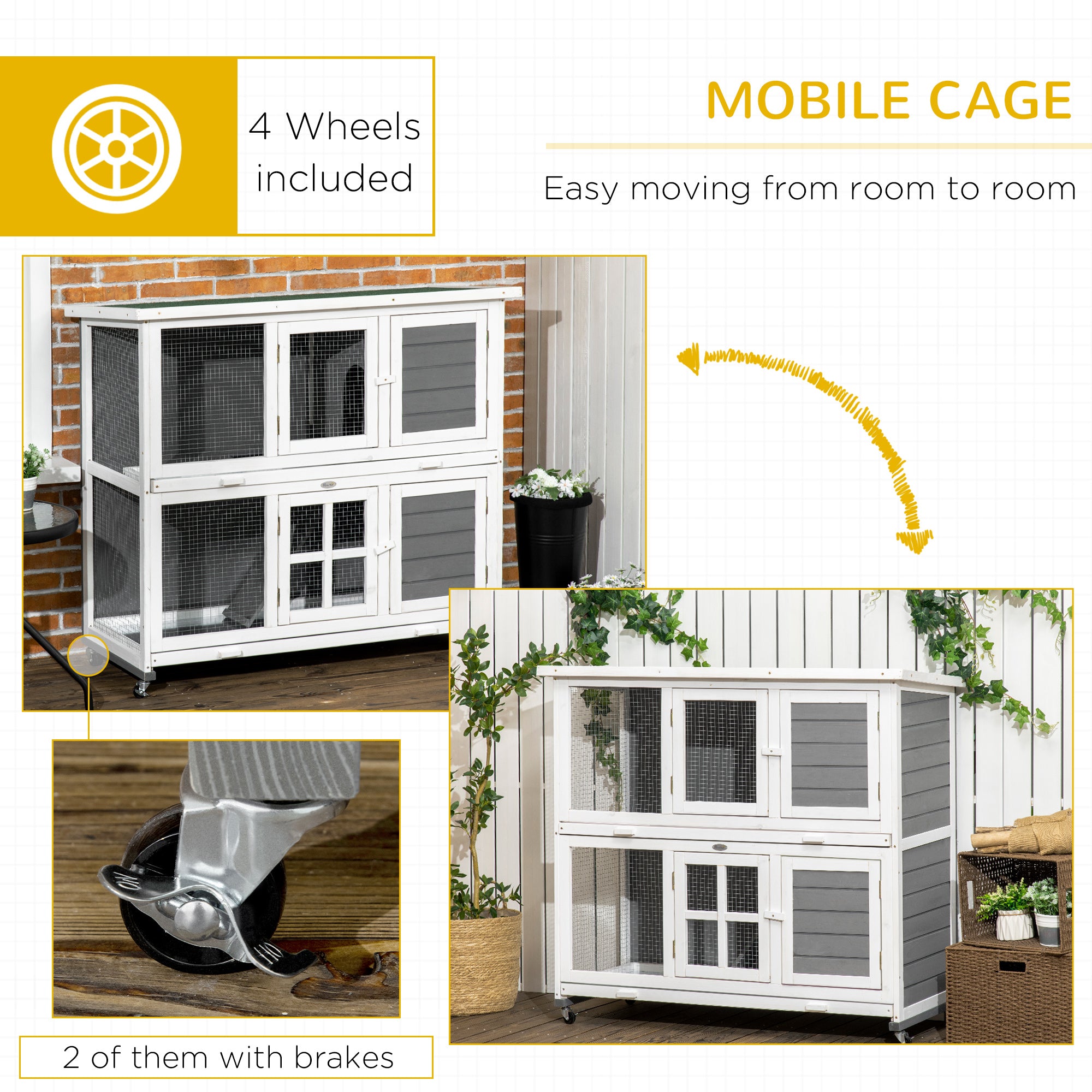 PawHut Wooden Rabbit Hutch, Two-Tier Guinea Pig Cage, with Removable Tray, Wheels - North Peak Garden Furniture