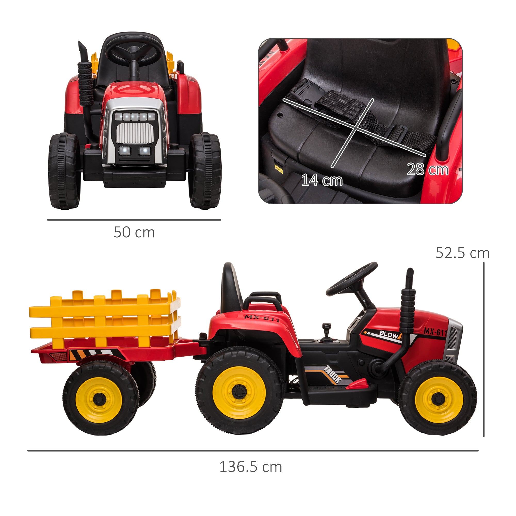 HOMCOM Ride On Tractor, Battery Powered Electric Car, with Detachable Trailer, Remote Control, Music - Red - North Peak Garden Furniture