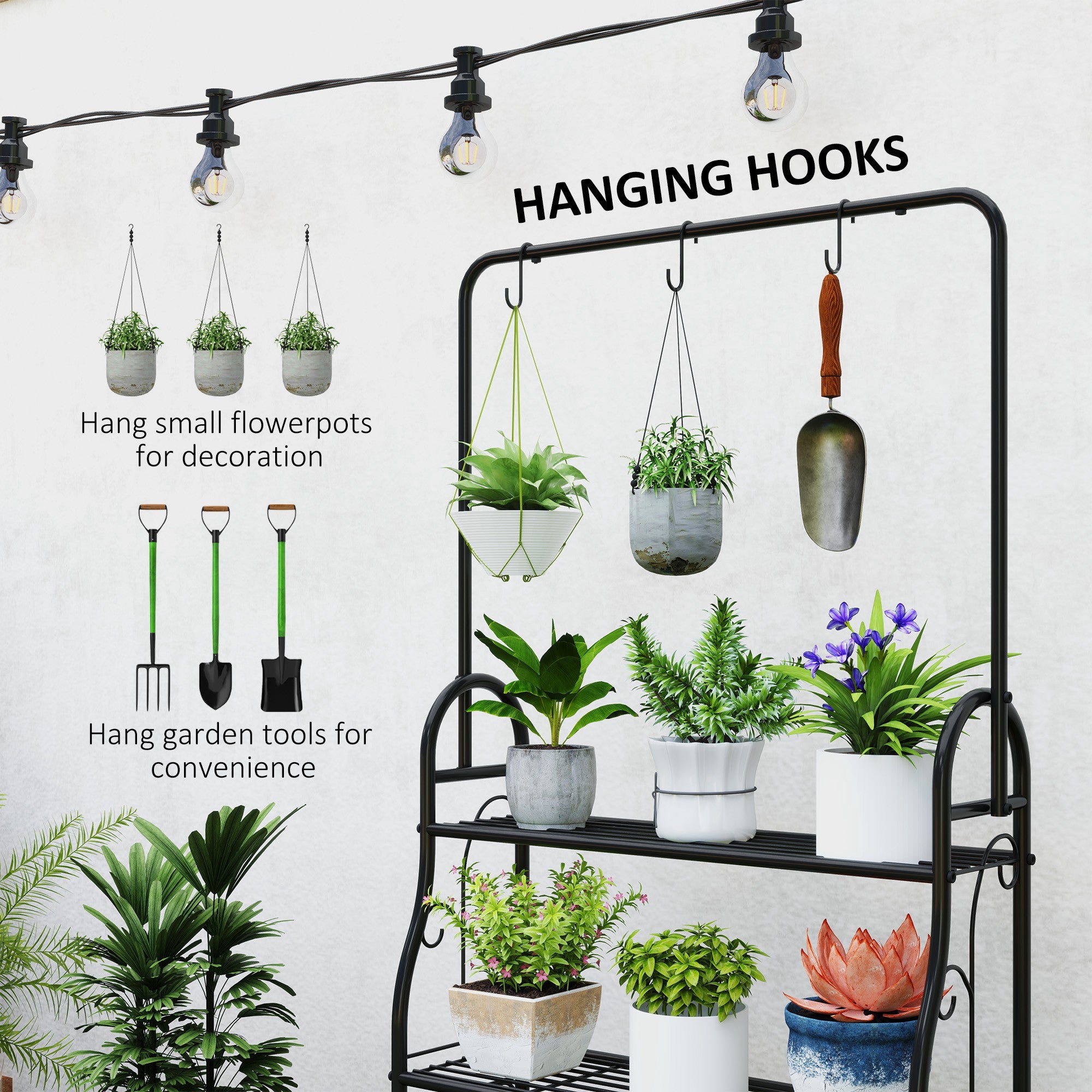Outsunny 3 Tier Plant Stand with Hanging Rod and Hooks, Metal Plant Rack Shelf, Ladder Flower Pot for Indoor Outdoor Porch Balcony Living Room Bedroom, Black - North Peak Garden Furniture