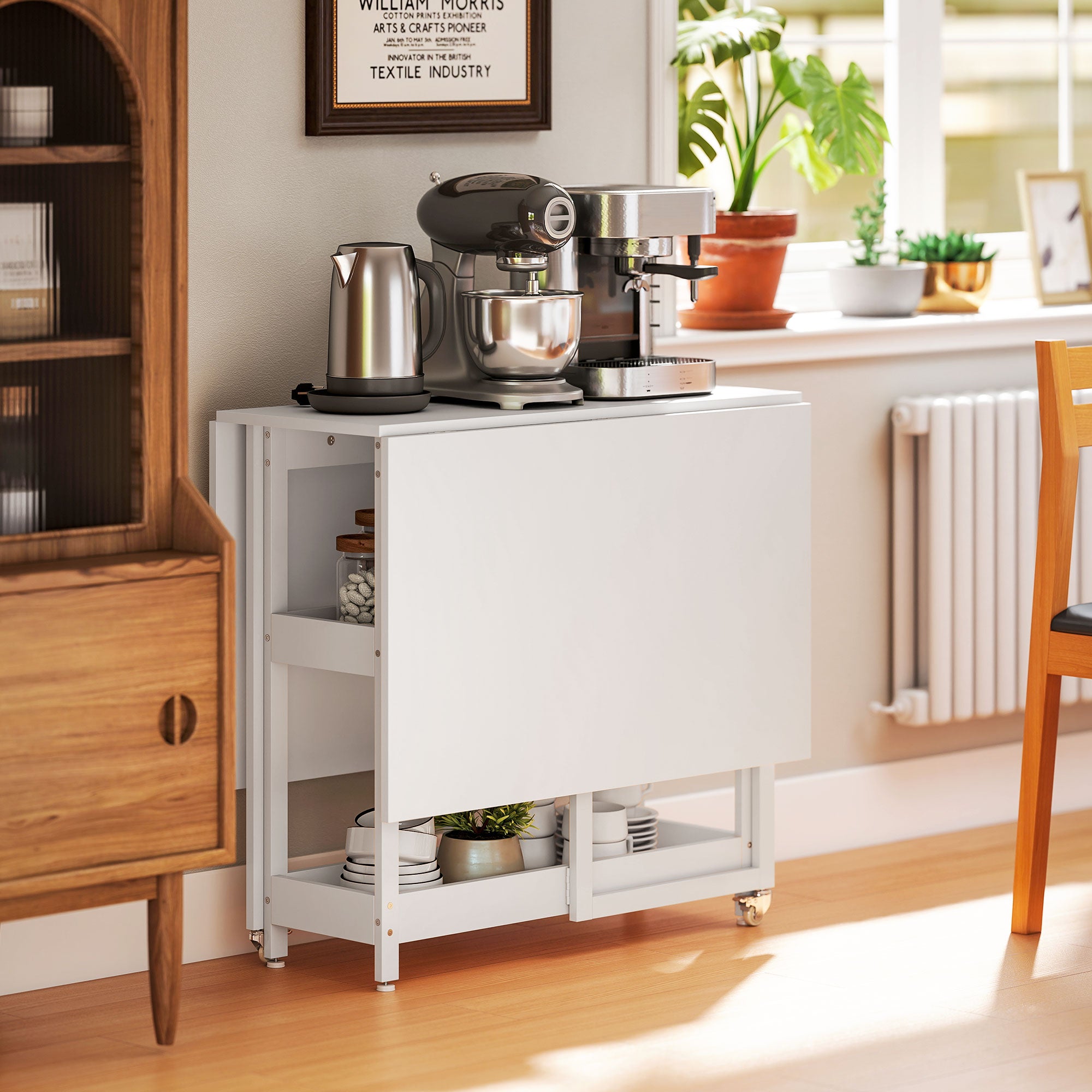 HOMCOM Industrial Folding Dining Table, Drop Leaf Table with Open Compartments for Small Spaces, Kitchen, Dining Room, White - North Peak Garden Furniture