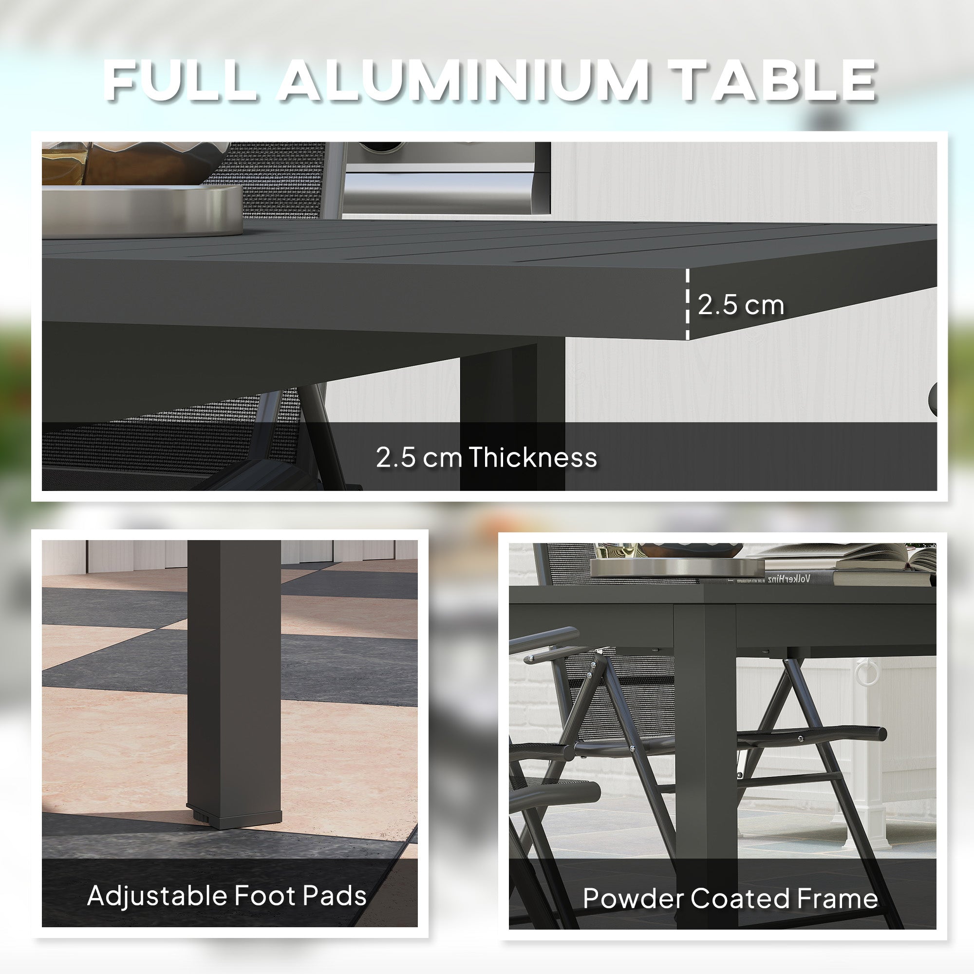 Outsunny Aluminium Extending Garden Table with Slatted Top for 6-8 Person, 160/220 x 90 x 73 cm, Grey - North Peak Garden Furniture