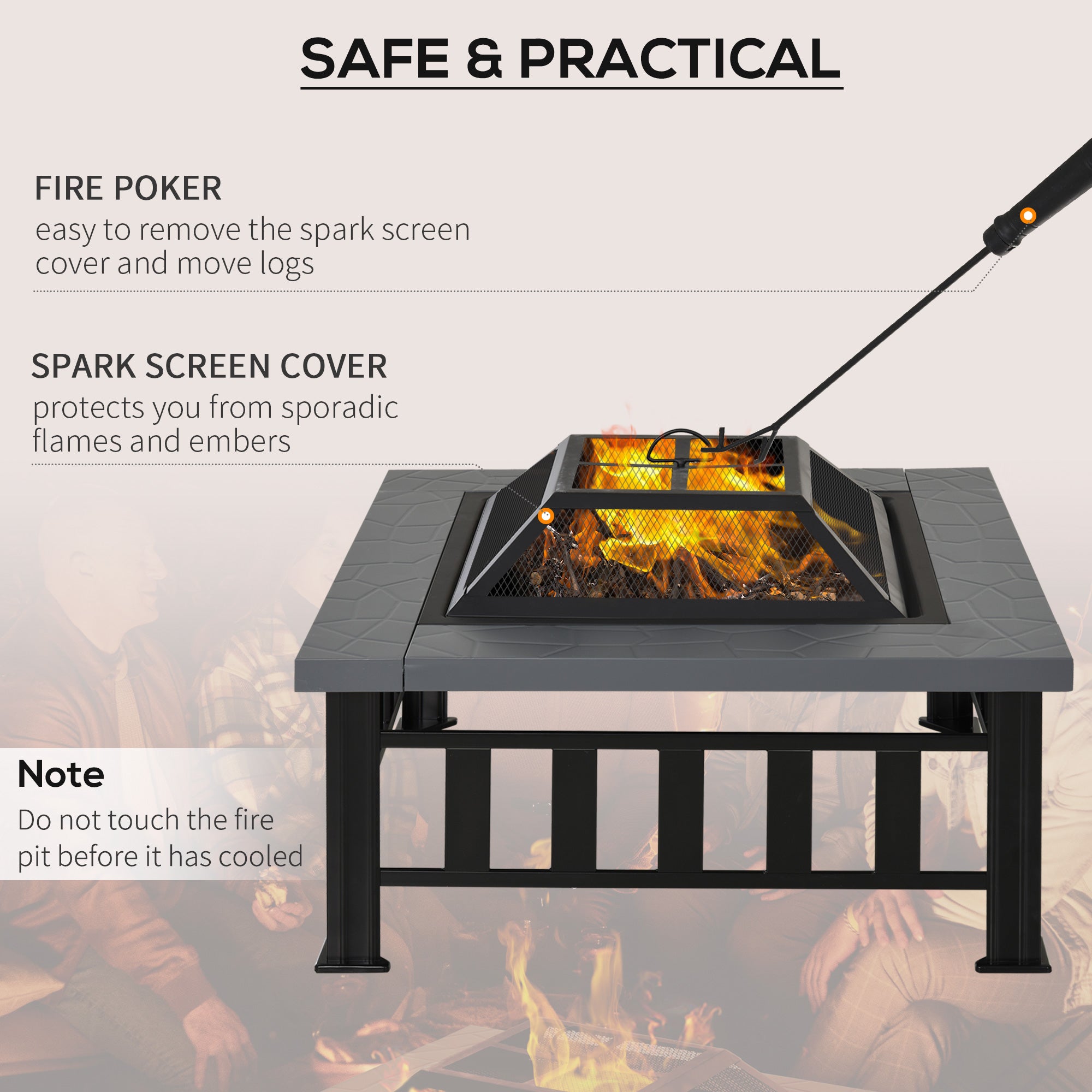 Outsunny Metal Large Firepit Outdoor Square Fire Pit Brazier with Rain Cover, Lid, Log Grate, Poker for Backyard, Camping, BBQ, Bonfire, Wood Burning Stove, 86 x 86 x 54cm, Black