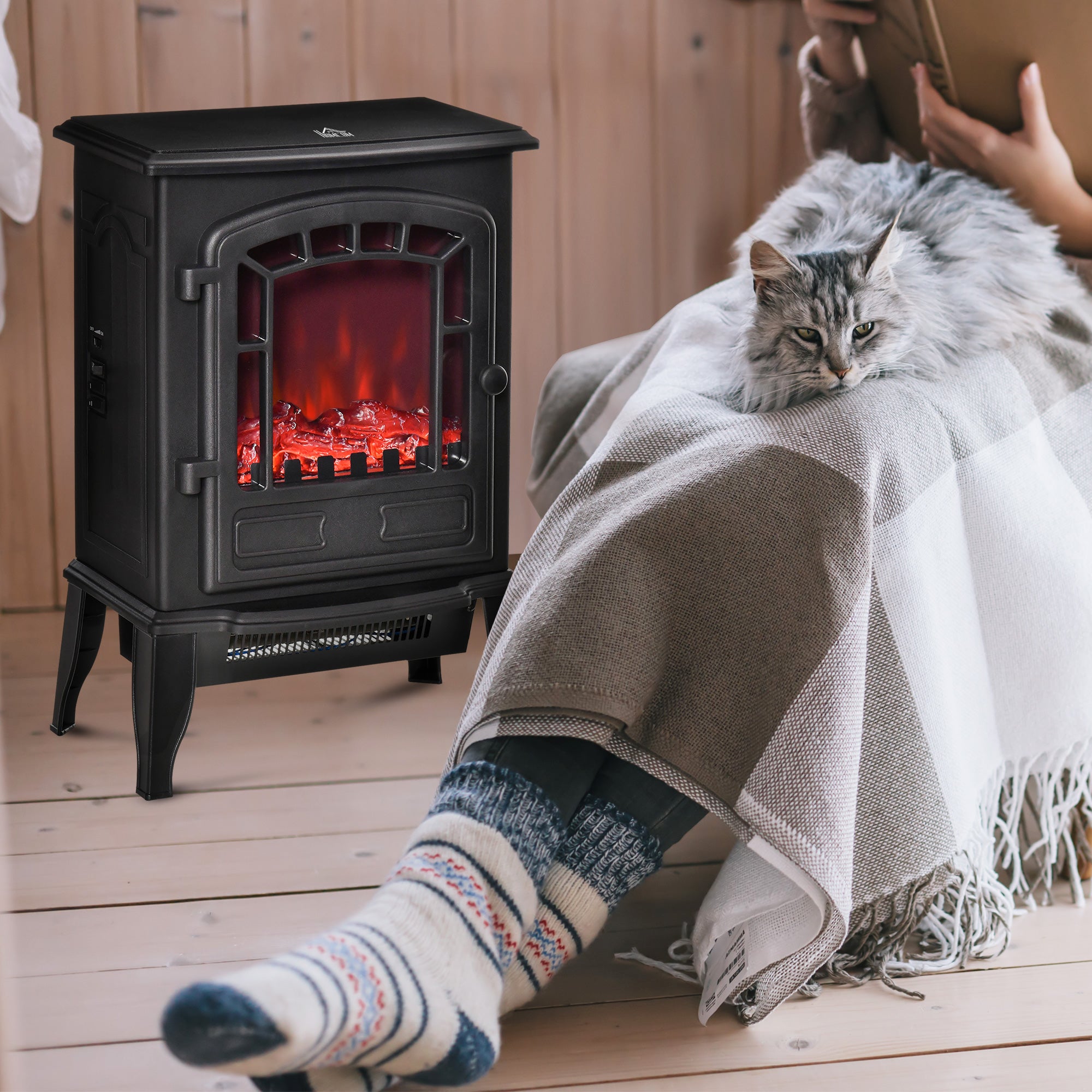 HOMCOM Electric Fireplace Stove Freestanding Log Burner, 1000W/2000W, Portable Electric Fire Fan Heater with LED Flame Effect, Adjustable Thermostat, Overheat Protection, Black
