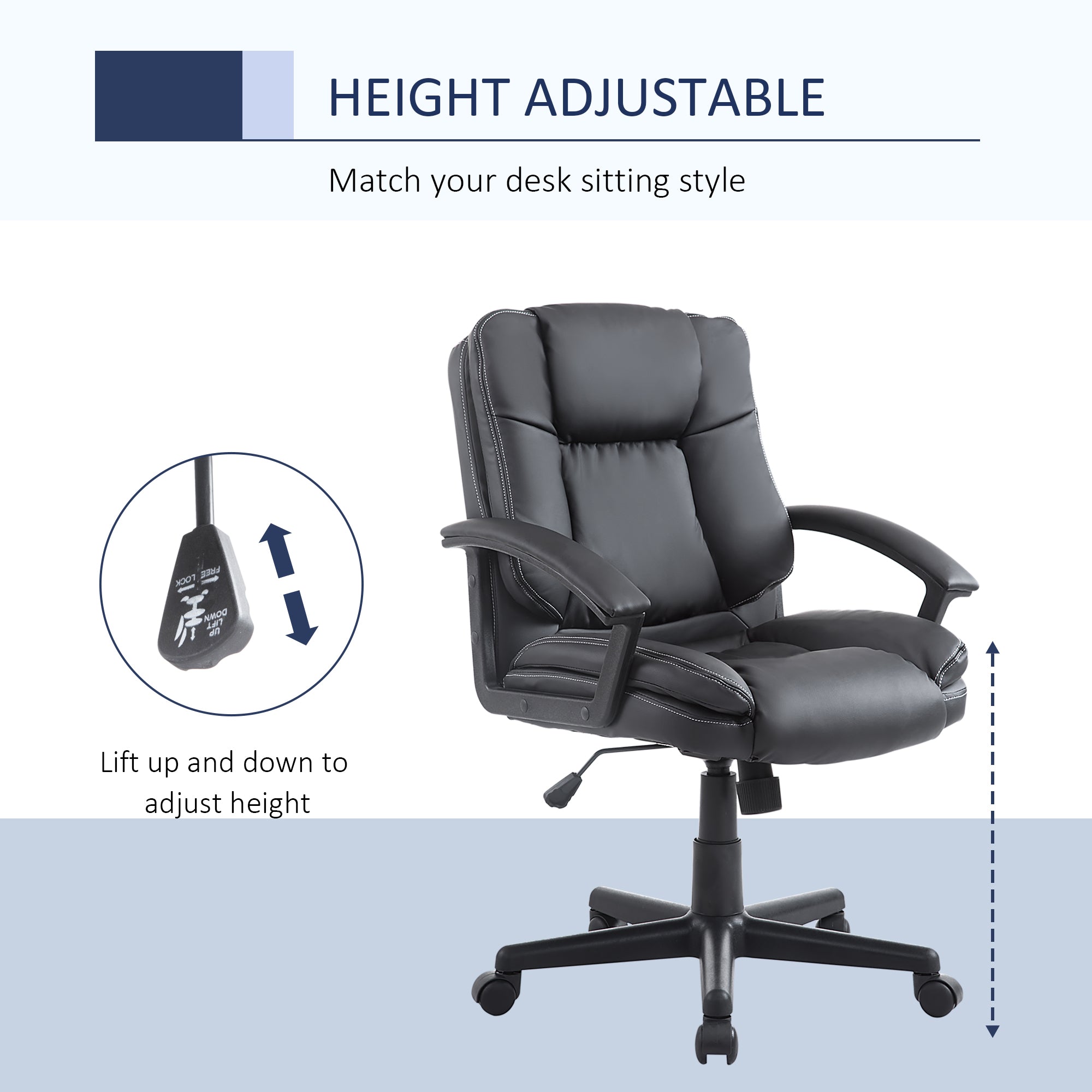 HOMCOM Office Chair, Faux Leather Computer Desk Chair, Mid Back Executive Chair with Adjustable Height and Swivel Rolling Wheels for Home Study, Black - North Peak Garden Furniture