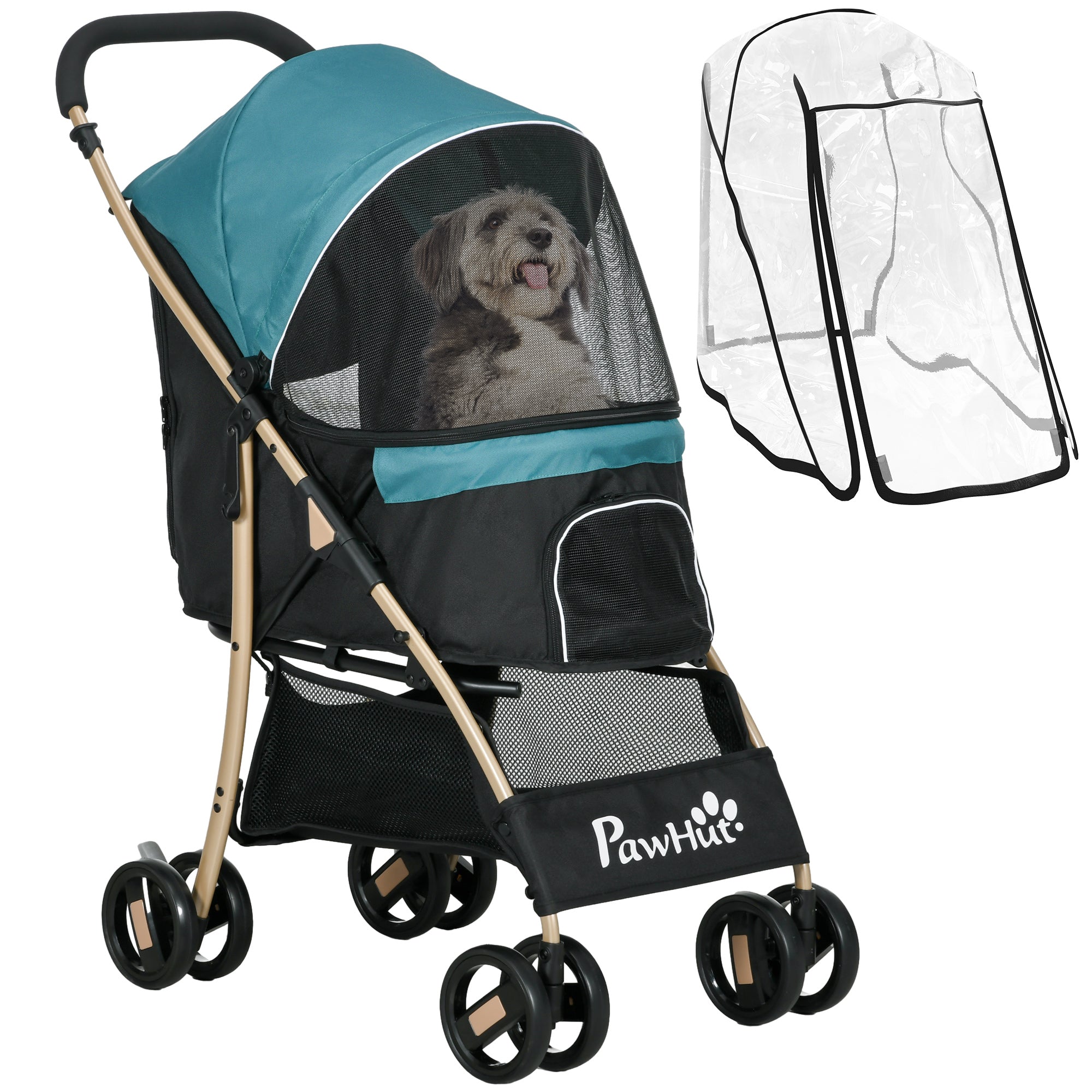 PawHut Pet Stroller for Small and Miniature Dogs, with Rain Cover - Dark Green - North Peak Garden Furniture