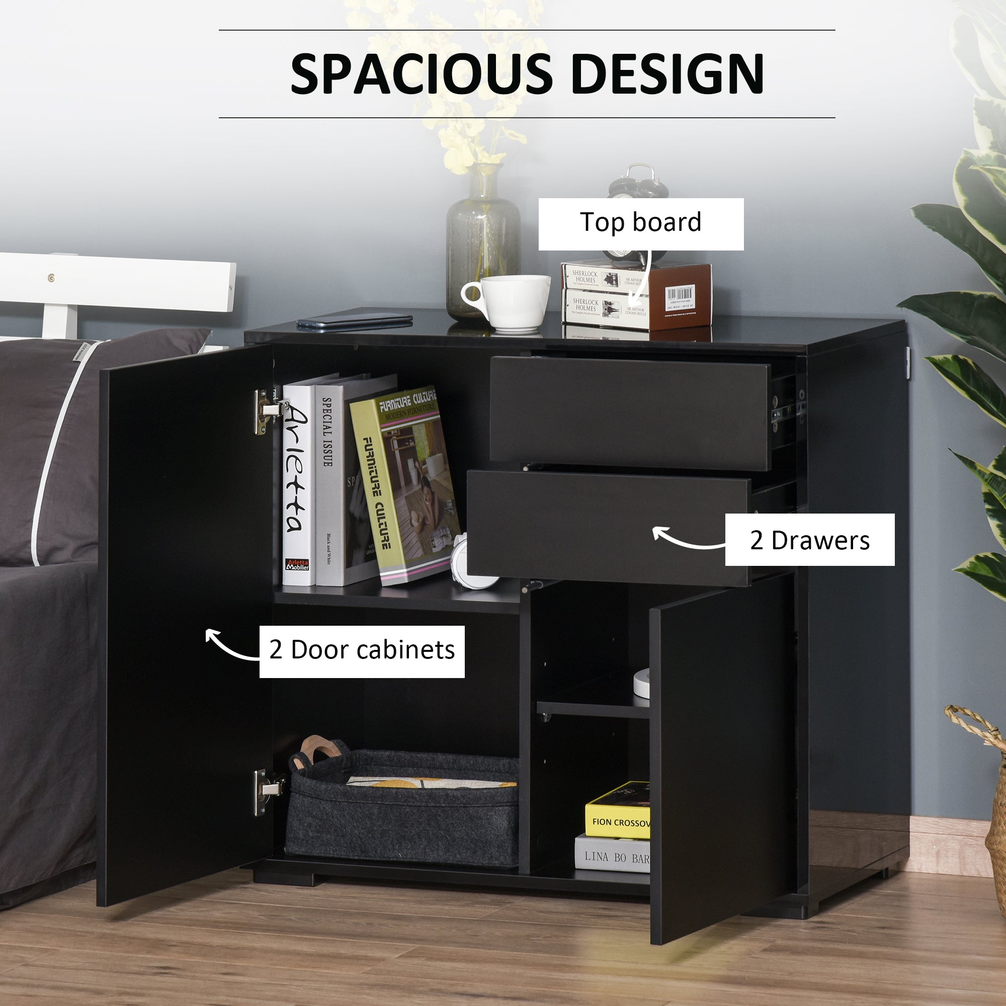 HOMCOM High Gloss Sideboard, Side Cabinet, Push-Open Design with 2 Drawer for Living Room, Bedroom, Black