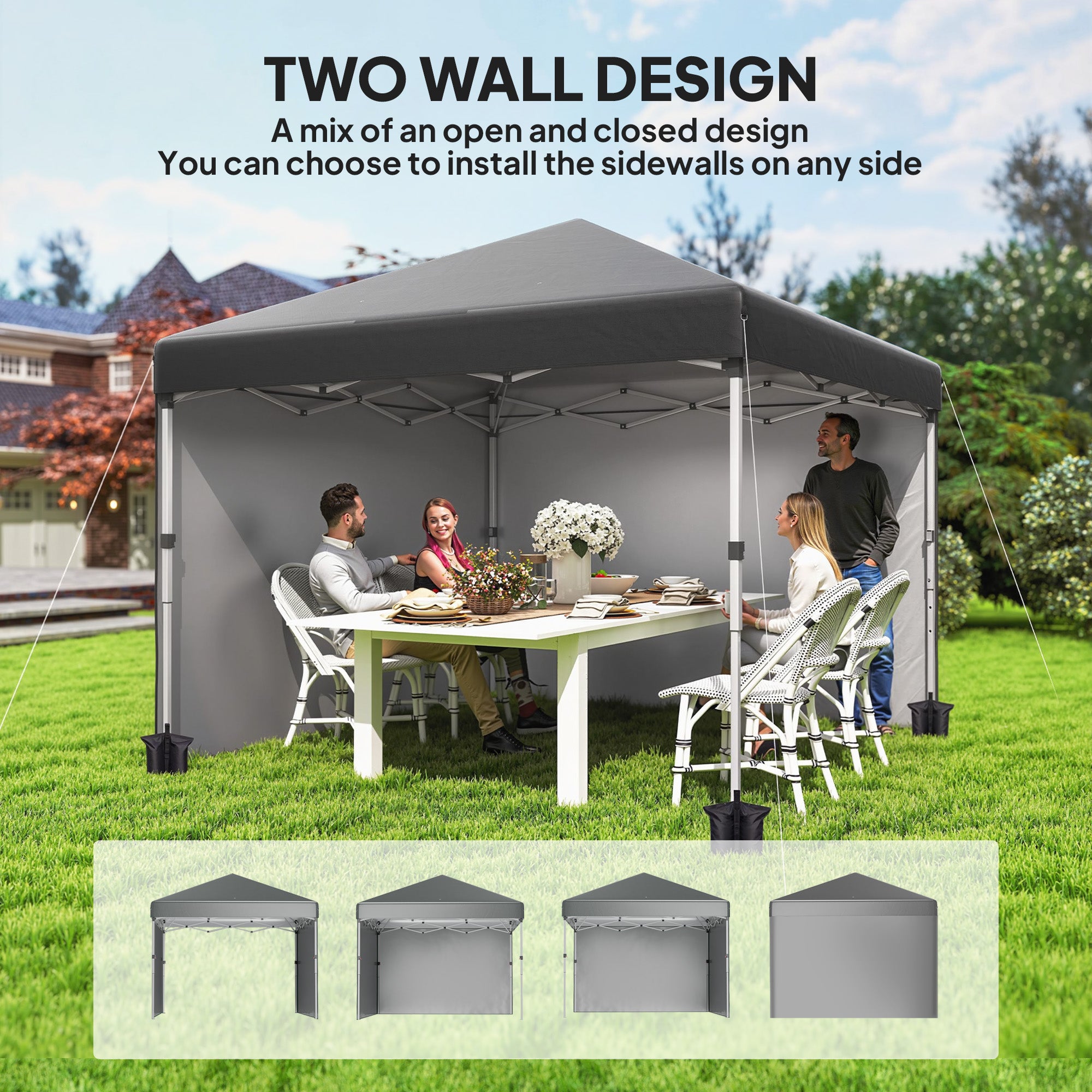 Outsunny 3 x 3 (M) Pop Up Gazebo, UPF 30+ with 2 Sidewalls, Leg Weight Bags and Wheeled Bag, Height Adjustable Party Tent Event Shelter for Garden, Patio, Dark Grey
