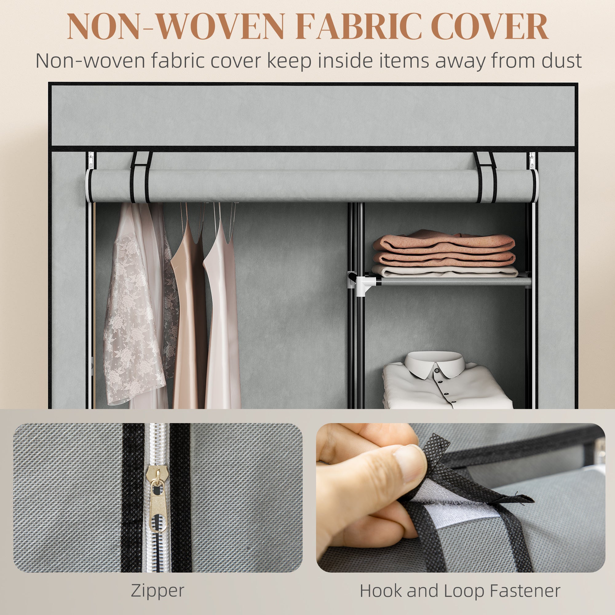 HOMCOM Fabric Wardrobe, Portable Wardrobe with 6 Shelves, 1 Hanging Rail, Foldable Closets, 103 x 43 x 162.5 cm, Light Grey - North Peak Garden Furniture