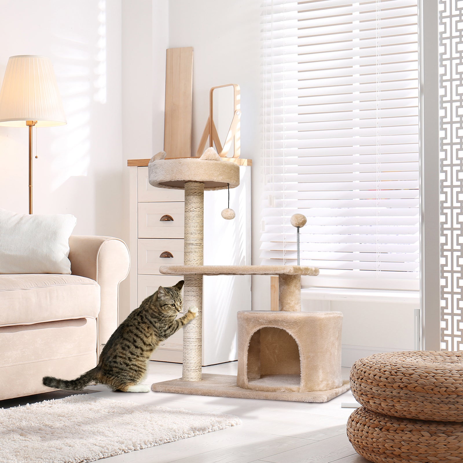 PawHut Multi Level Cat Tree for Indoor Cats with Scratching Post Bed Condo Perch, Kitten Climbing Tower, Beige 60L x 40W x 81H cm - North Peak Garden Furniture