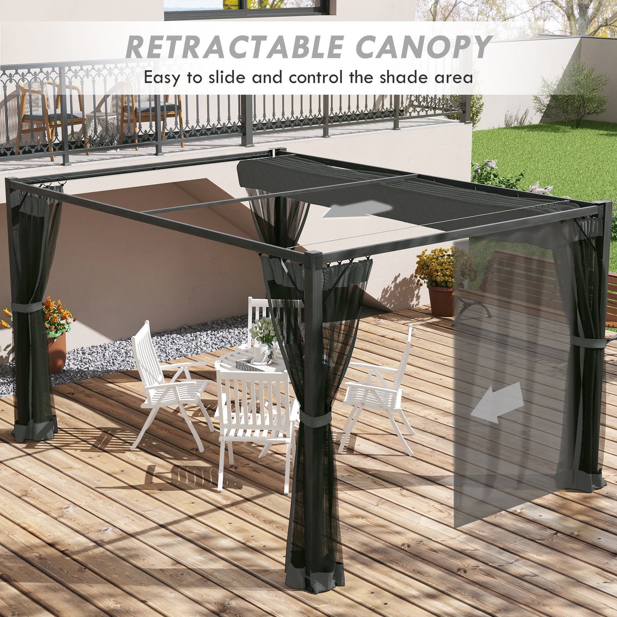 Outsunny 3 x 4m Aluminium Frame Pergola, with Retractable Roof - Dark Grey - North Peak Garden Furniture