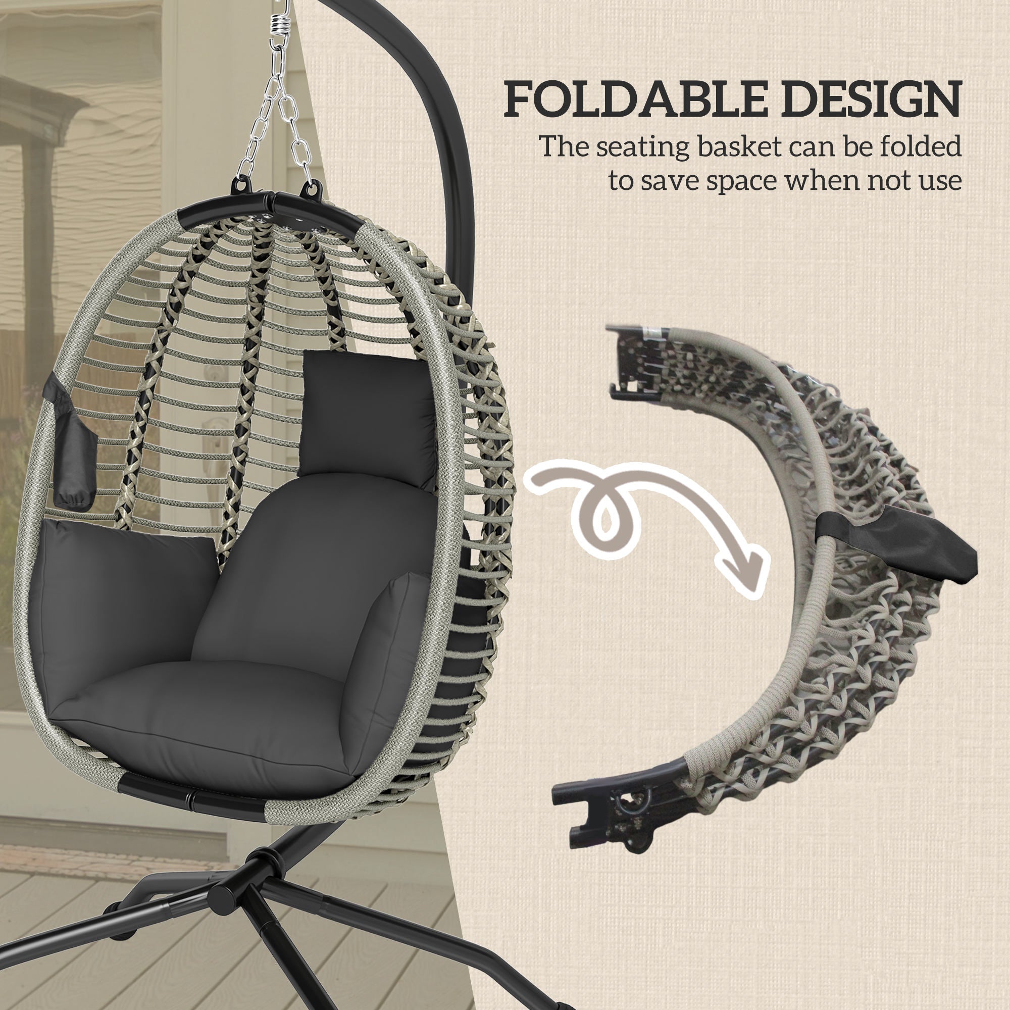 Outsunny Outdoor Swing Chair with Thick Padded Cushion, Patio Hanging Chair with Metal Stand, Foldable Basket, Cup Holder, Rope Structure, for Indoor & Outdoor, Dark Grey