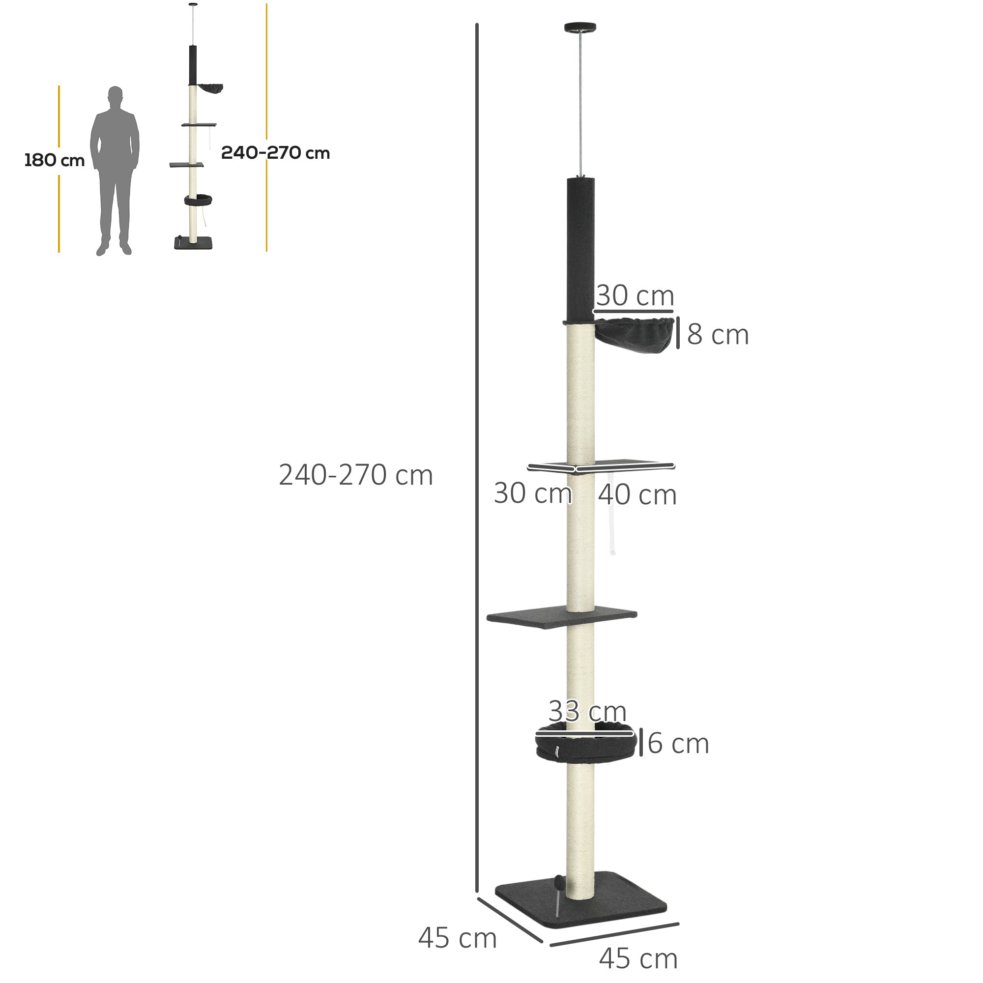 PawHut 240-270cm Floor-To-Ceiling Cat Tree, 5 Tier Cat Climbing Tower, with Bed, Hammock, Platforms, Black and Cream - North Peak Garden Furniture