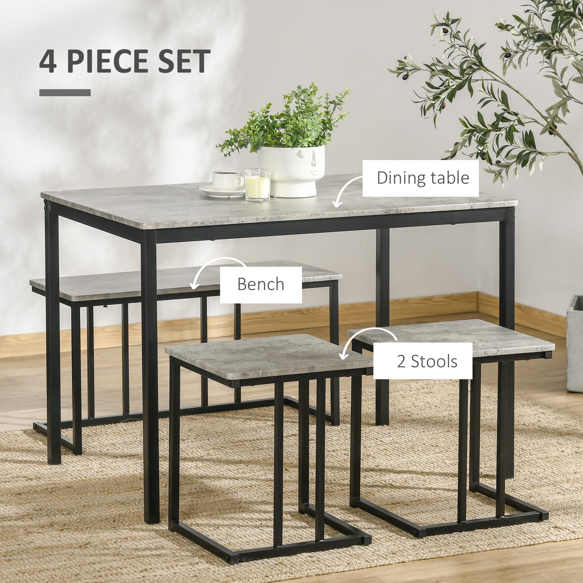 HOMCOM Dining Table and Chairs Set for 4 People, Concrete Effect Kitchen Table and Bench Set with Steel Frame, 4 Piece Dining Room Sets, Grey - North Peak Garden Furniture