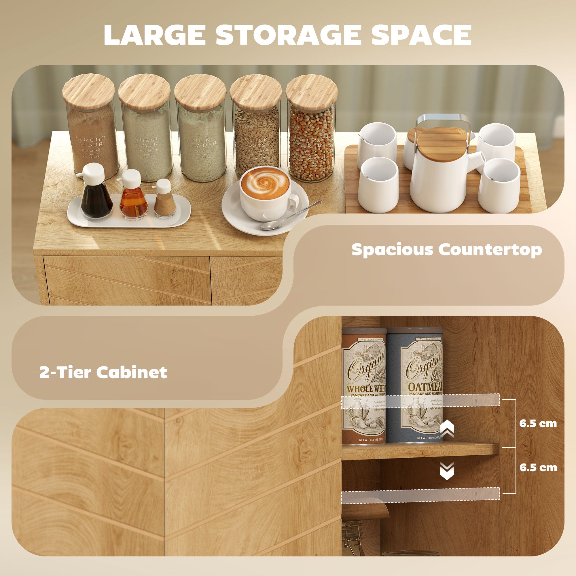 HOMCOM Vintage Sideboard with Chevron Doors and Pine Wood Legs for Living Room, Kitchen