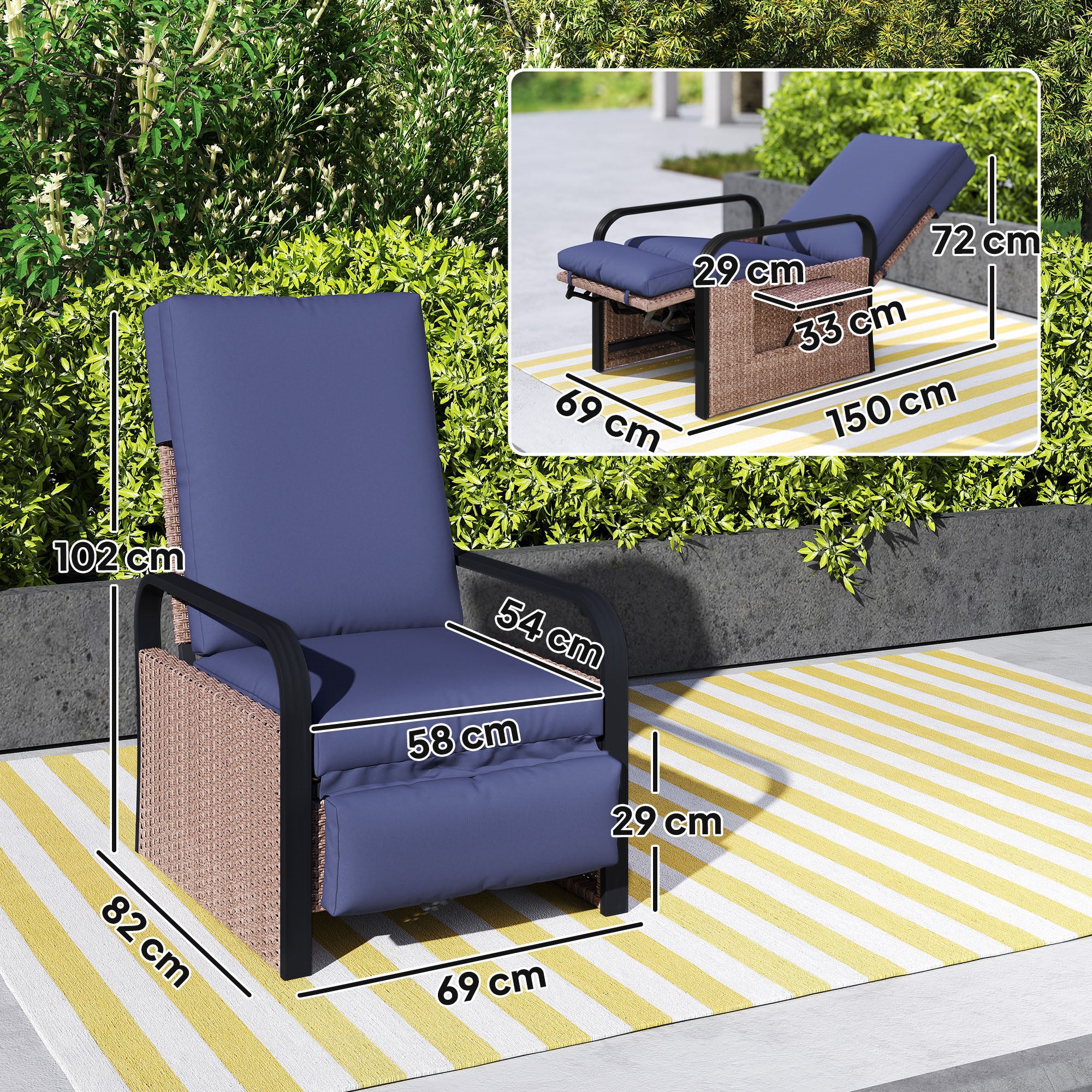 Outsunny 140° Reclining Rattan Armchair - Brown/Blue - North Peak Garden Furniture