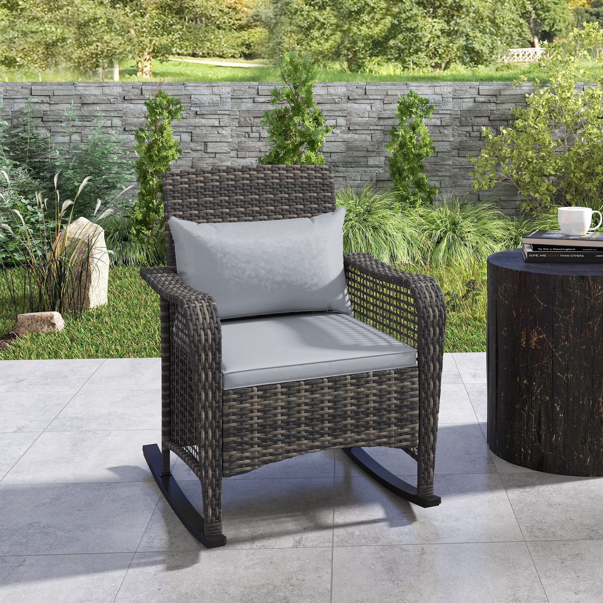 Outsunny Garden Rocking Chair, Outdoor Rattan Rocker Lounge Chair with Seat and Back Cushions, Patio Armchair Seat with All-weather Wicker, Steel Frame for Porch Balcony, Light Grey - North Peak Garden Furniture