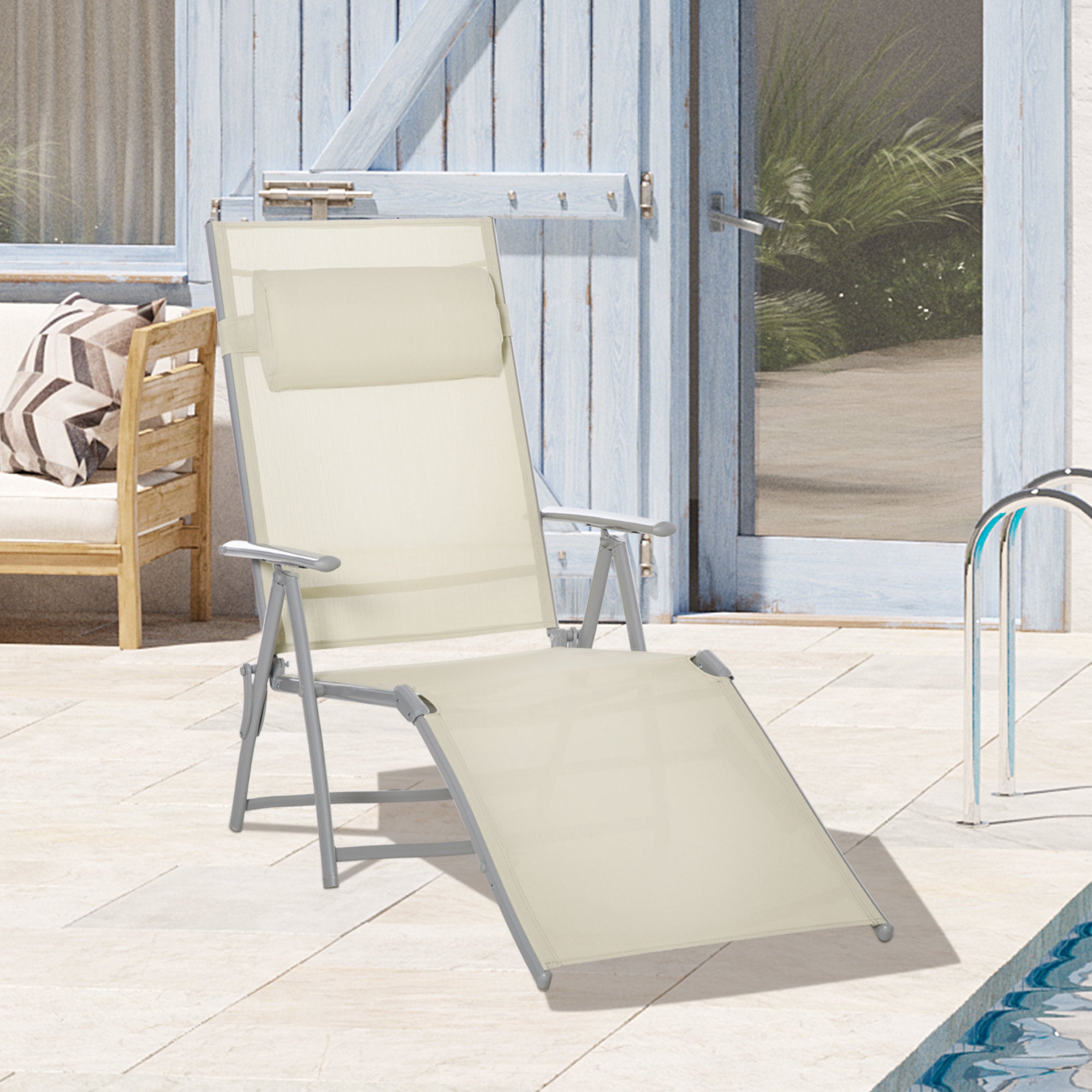 Outsunny Steel Fabric Sun Lounger Outdoor Folding Chaise Lounge Chair Recliner with Portable Design & 7 Adjustable Backrest Positions - Beige - North Peak Garden Furniture