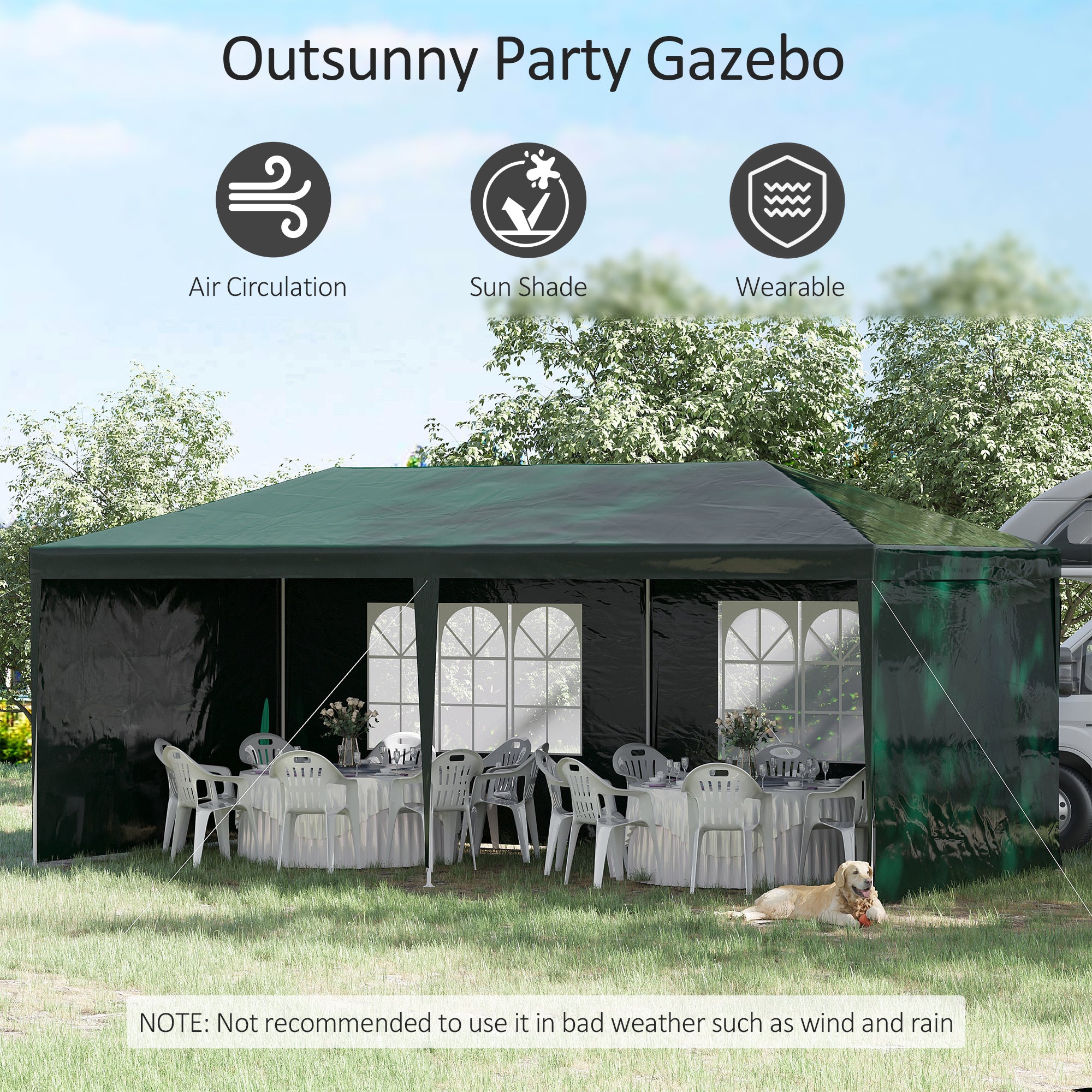 Outsunny 6x3 m Party Tent Gazebo Marquee Outdoor Patio Canopy Shelter with Windows and Side Panels, Green - North Peak Garden Furniture