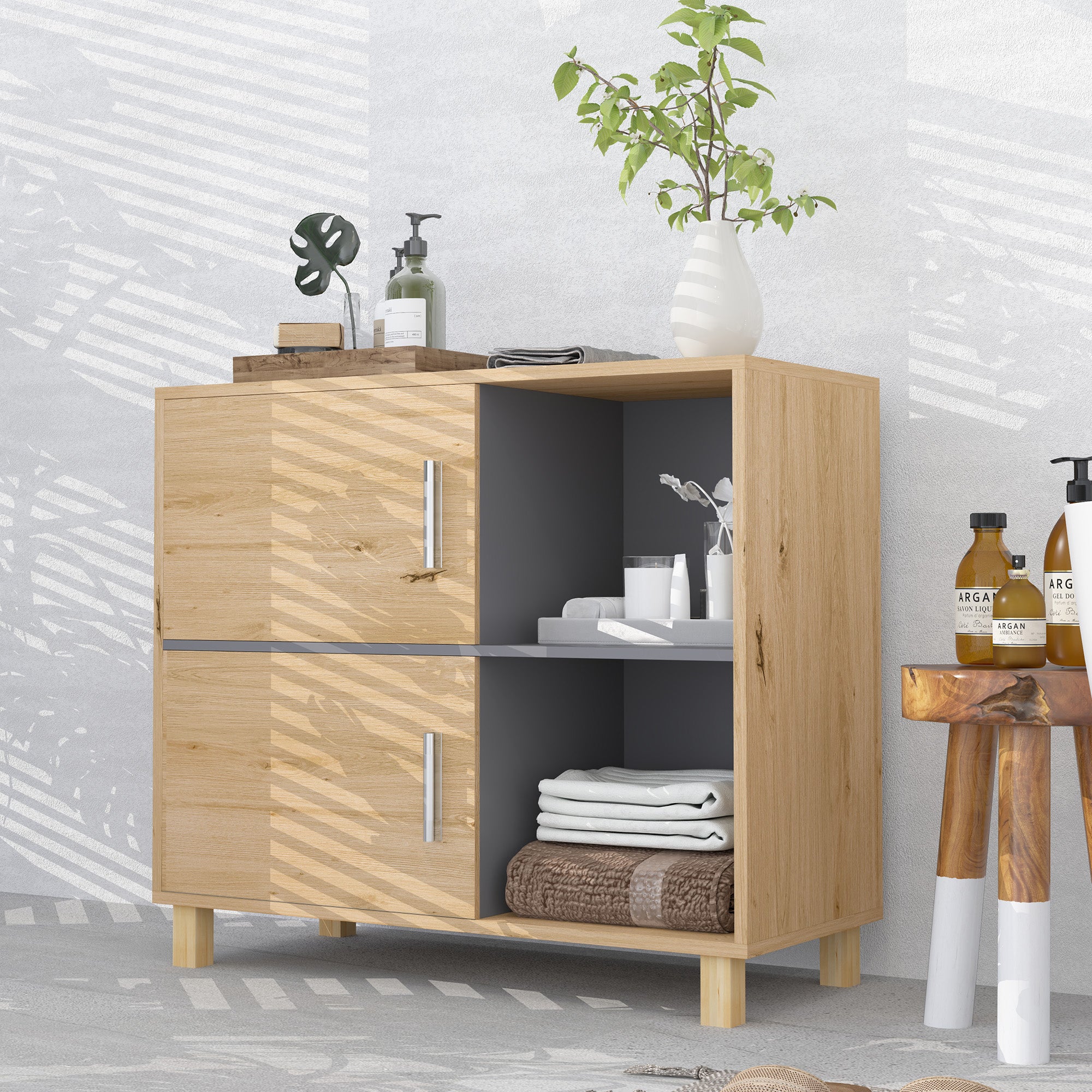 HOMCOM Bathroom Cabinet, Freestanding Bathroom Cabinet with Open Compartments and Double Doors - North Peak Garden Furniture