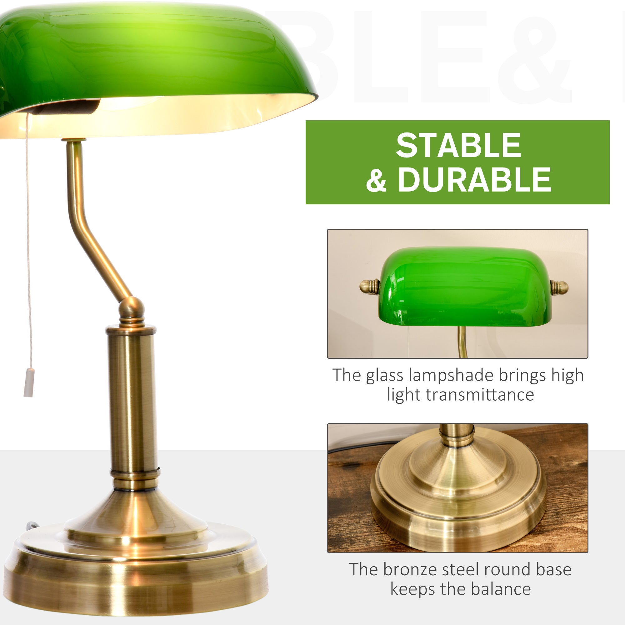 HOMCOM Banker's Desk Lamp with Antique Bronze Tone Base, Table Lamp with Green Glass Shade for Home Office, Green - North Peak Garden Furniture