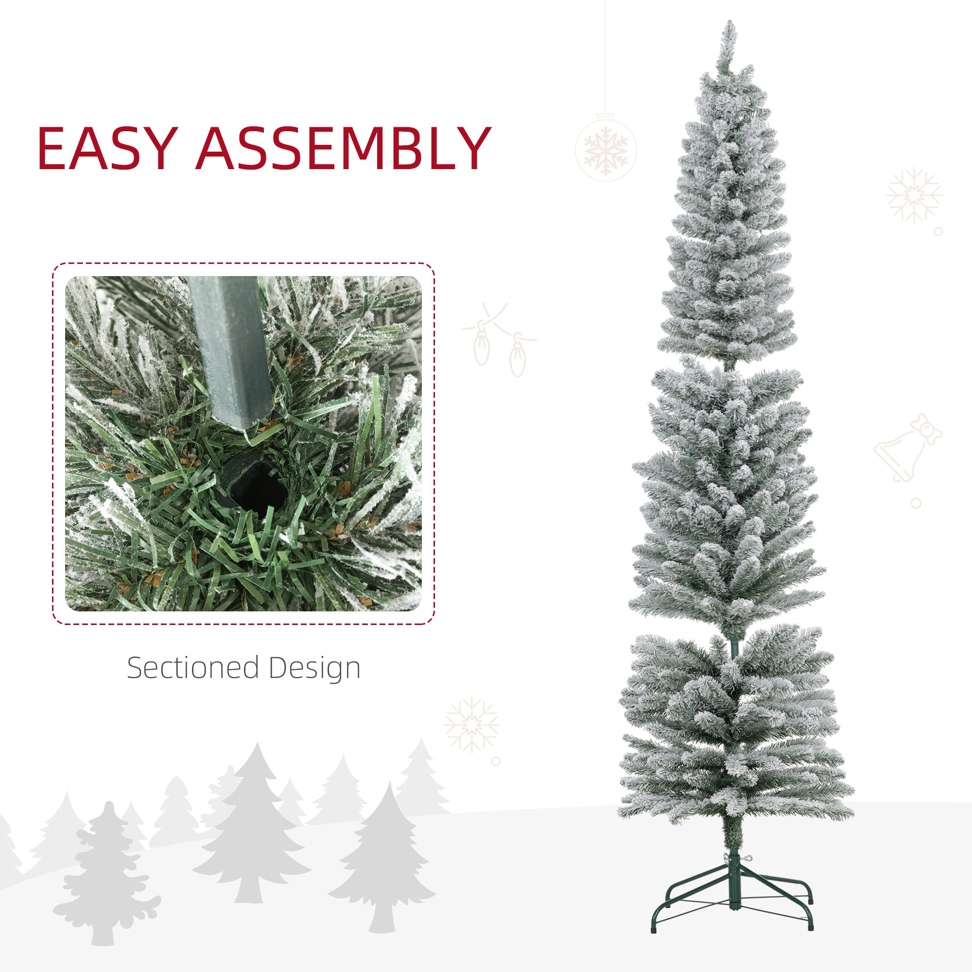 HOMCOM 7ft Artificial Snowy Pencil Christmas Tree - Green