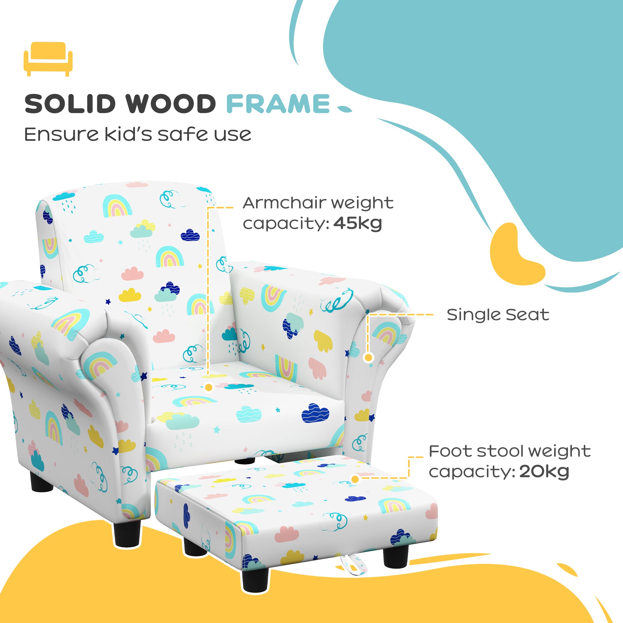 AIYAPLAY 2 Piece Kids Sofa Set with Cloud Design, Wooden Frame, for 1.5-3 Years Old, White - North Peak Garden Furniture