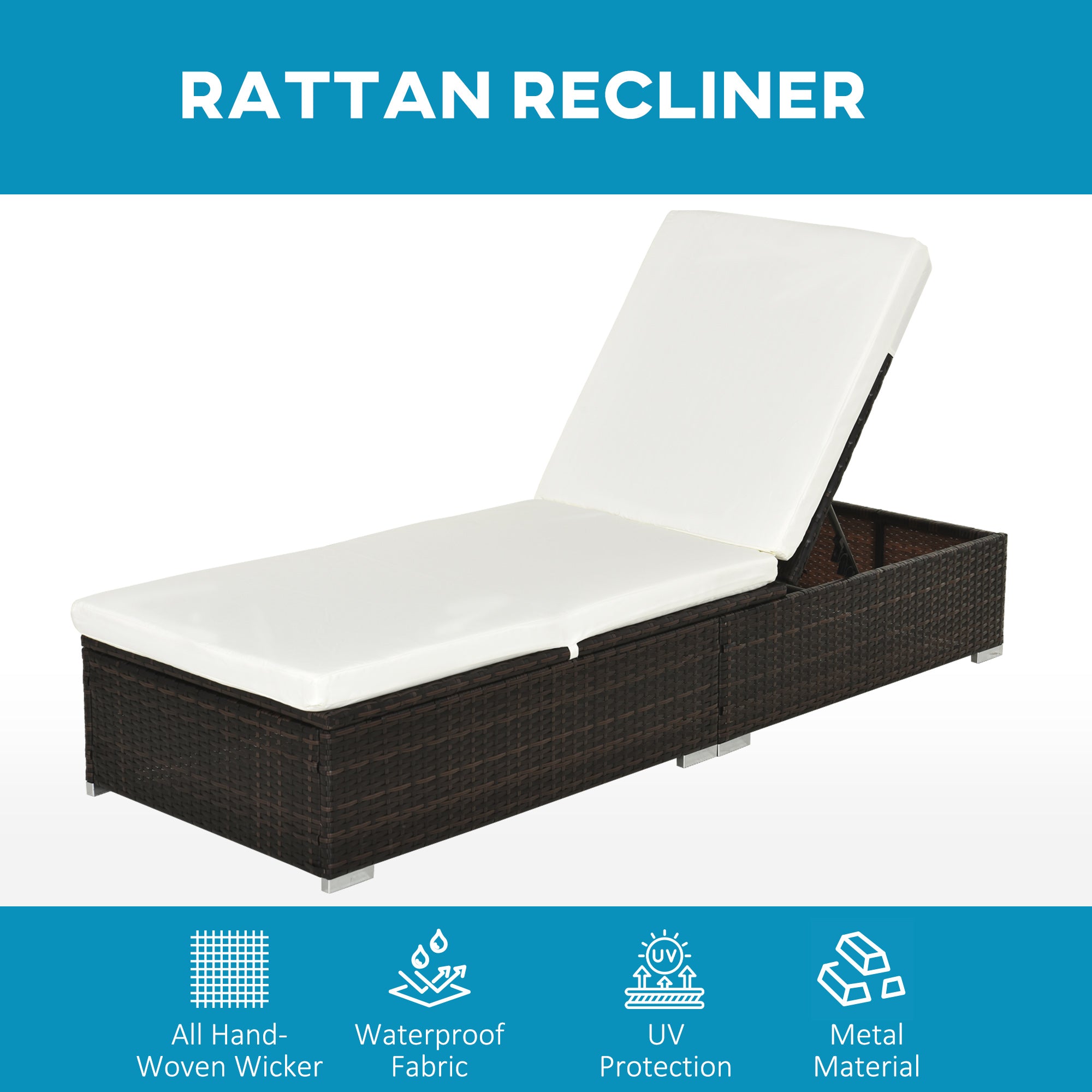 Outsunny PE Rattan Sun Lounger with Cushion, Outdoor Garden Sunbed Furniture with 5-Level Recliner Backrest, and Armrest, Set of 2, Brown - North Peak Garden Furniture